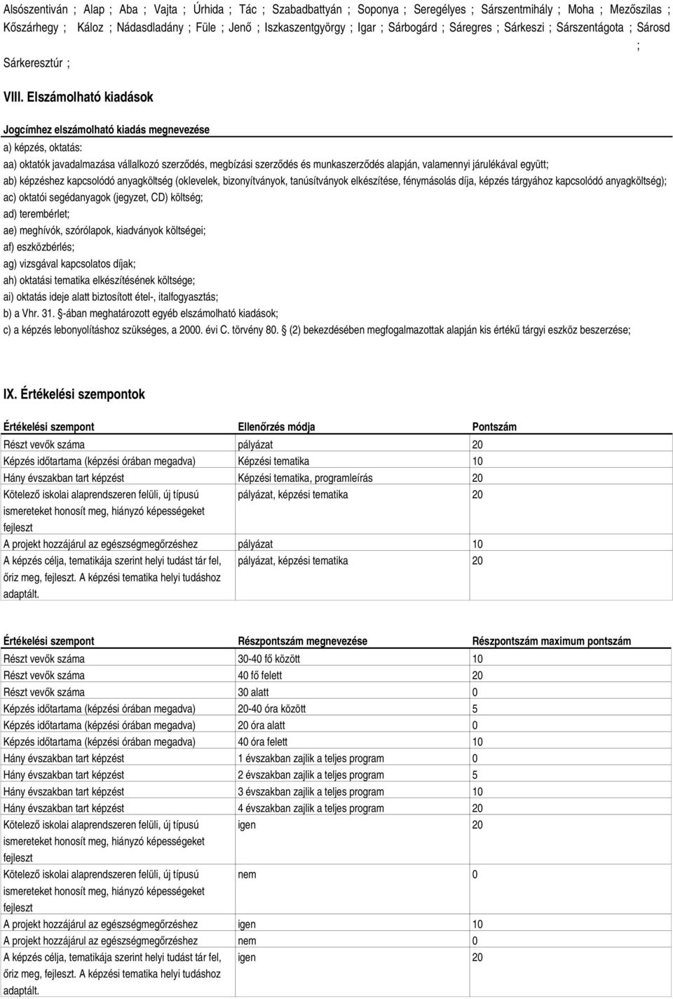 Elszámolható kiadások Jogcímhez elszámolható kiadás megnevezése a) képzés, oktatás: aa) oktatók javadalmazása vállalkozó szerződés, megbízási szerződés és munkaszerződés alapján, valamennyi