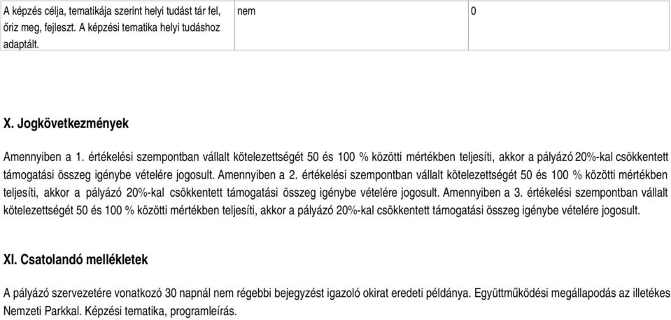 értékelési szempontban vállalt kötelezettségét 50 és 100 % közötti mértékben teljesíti, akkor a pályázó 20%-kal csökkentett támogatási összeg igénybe vételére jogosult. Amennyiben a 3.