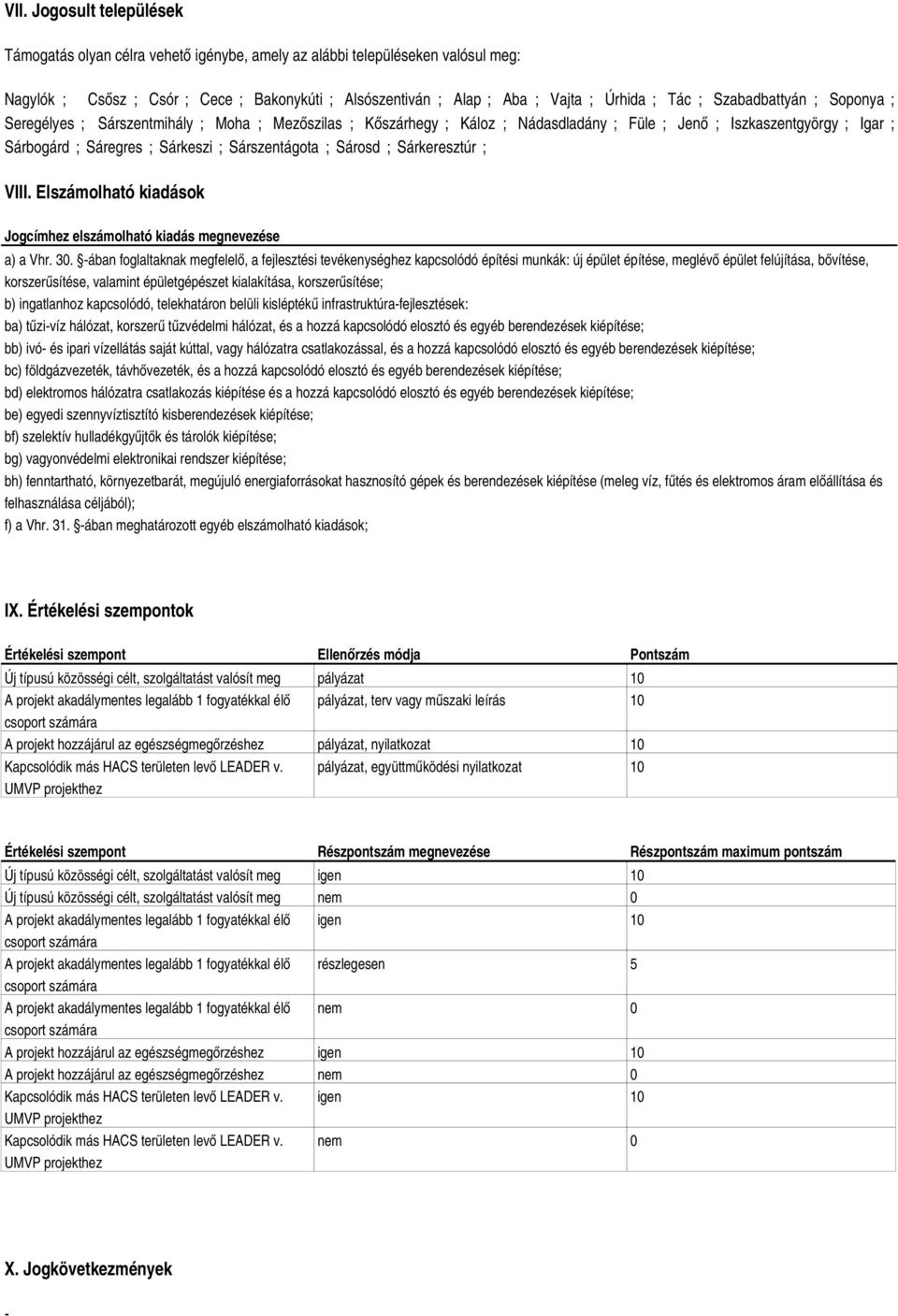 Sárszentágota ; Sárosd ; Sárkeresztúr ; VIII. Elszámolható kiadások Jogcímhez elszámolható kiadás megnevezése a) a Vhr. 30.