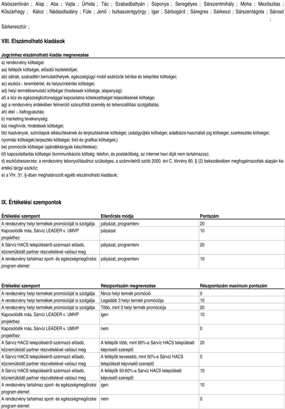 Elszámolható kiadások Jogcímhez elszámolható kiadás megnevezése a) rendezvény költségei: aa) fellépők költségei, előadói tiszteletdíjak; ab) sátrak, szabadtéri bemutatóhelyek, egészségügyi mobil