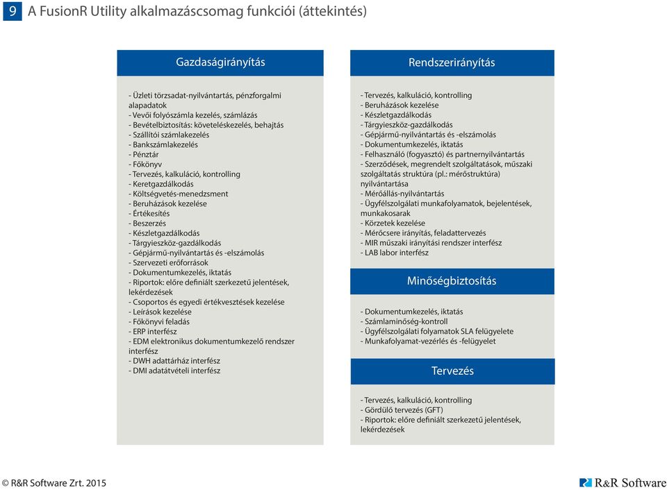 Beruházások kezelése - Értékesítés - Beszerzés - Készletgazdálkodás - Tárgyieszköz-gazdálkodás - Gépjármű-nyilvántartás és -elszámolás - Szervezeti erőforrások - Riportok: előre definiált szerkezetű