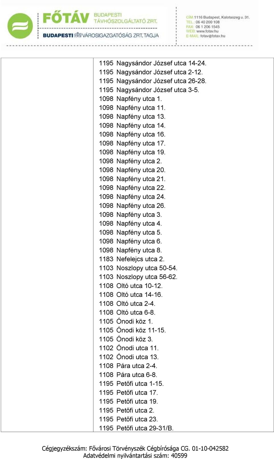 1098 Napfény utca 24. 1098 Napfény utca 26. 1098 Napfény utca 3. 1098 Napfény utca 4. 1098 Napfény utca 5. 1098 Napfény utca 6. 1098 Napfény utca 8. 1183 Nefelejcs utca 2. 1103 Noszlopy utca 50-54.