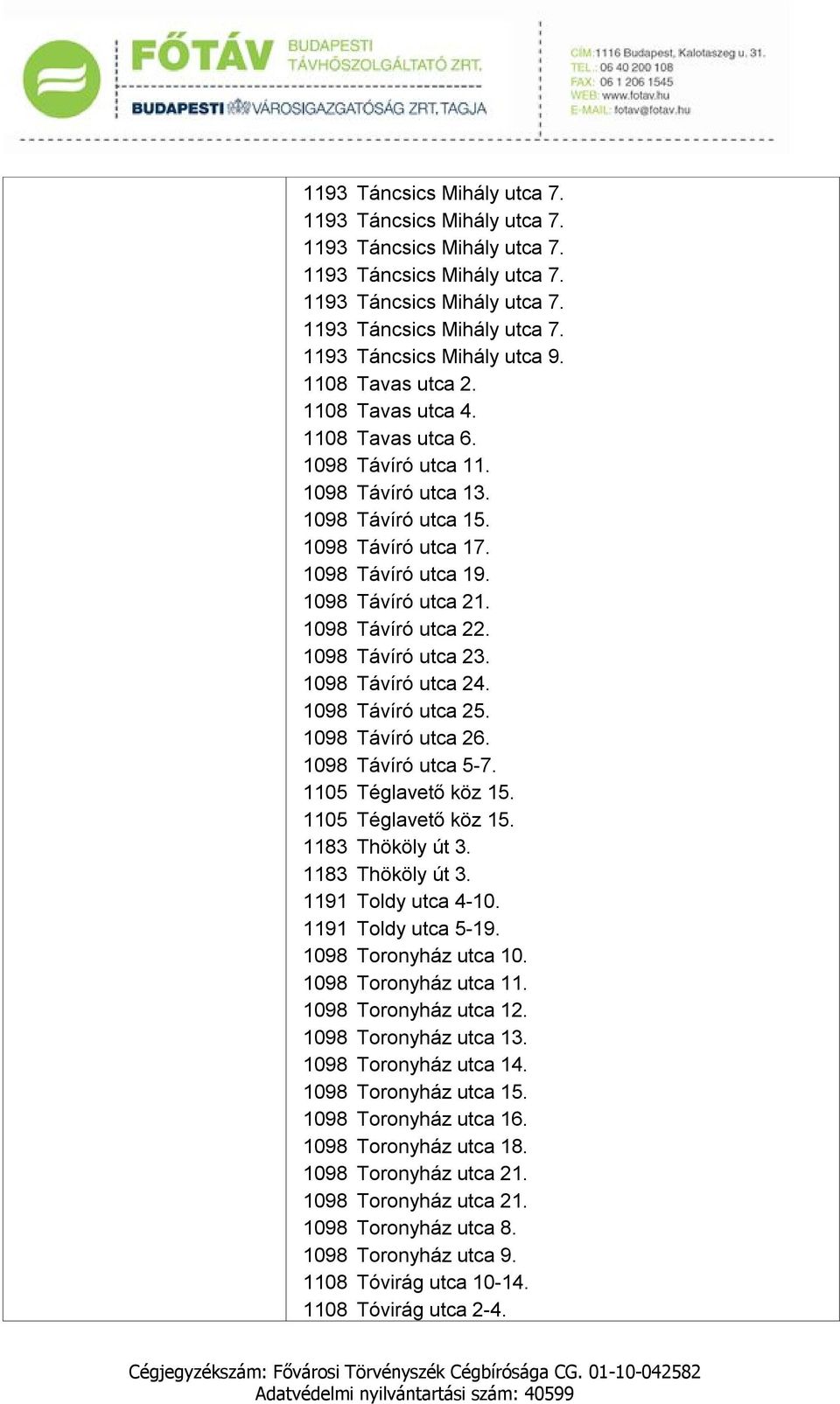 1098 Távíró utca 22. 1098 Távíró utca 23. 1098 Távíró utca 24. 1098 Távíró utca 25. 1098 Távíró utca 26. 1098 Távíró utca 5-7. 1105 Téglavető köz 15. 1105 Téglavető köz 15. 1183 Thököly út 3.