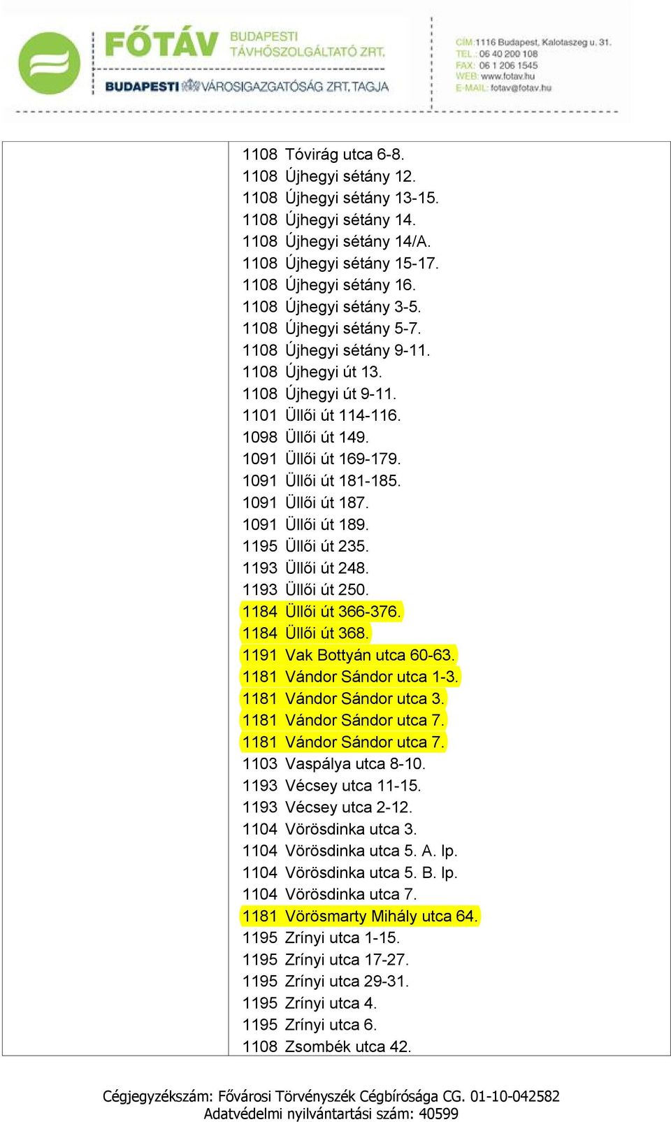 1091 Üllői út 189. 1195 Üllői út 235. 1193 Üllői út 248. 1193 Üllői út 250. 1184 Üllői út 366-376. 1184 Üllői út 368. 1191 Vak Bottyán utca 60-63. 1181 Vándor Sándor utca 1-3.