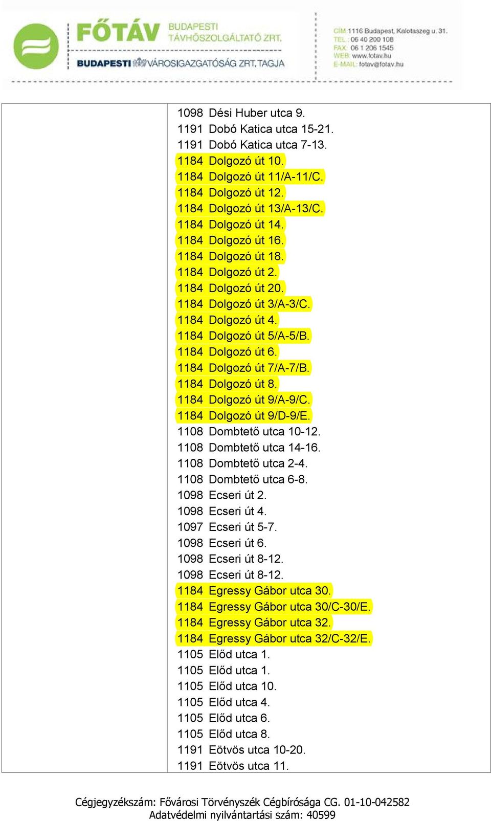 1184 Dolgozó út 8. 1184 Dolgozó út 9/A-9/C. 1184 Dolgozó út 9/D-9/E. 1108 Dombtető utca 10-12. 1108 Dombtető utca 14-16. 1108 Dombtető utca 2-4. 1108 Dombtető utca 6-8. 1098 Ecseri út 2.