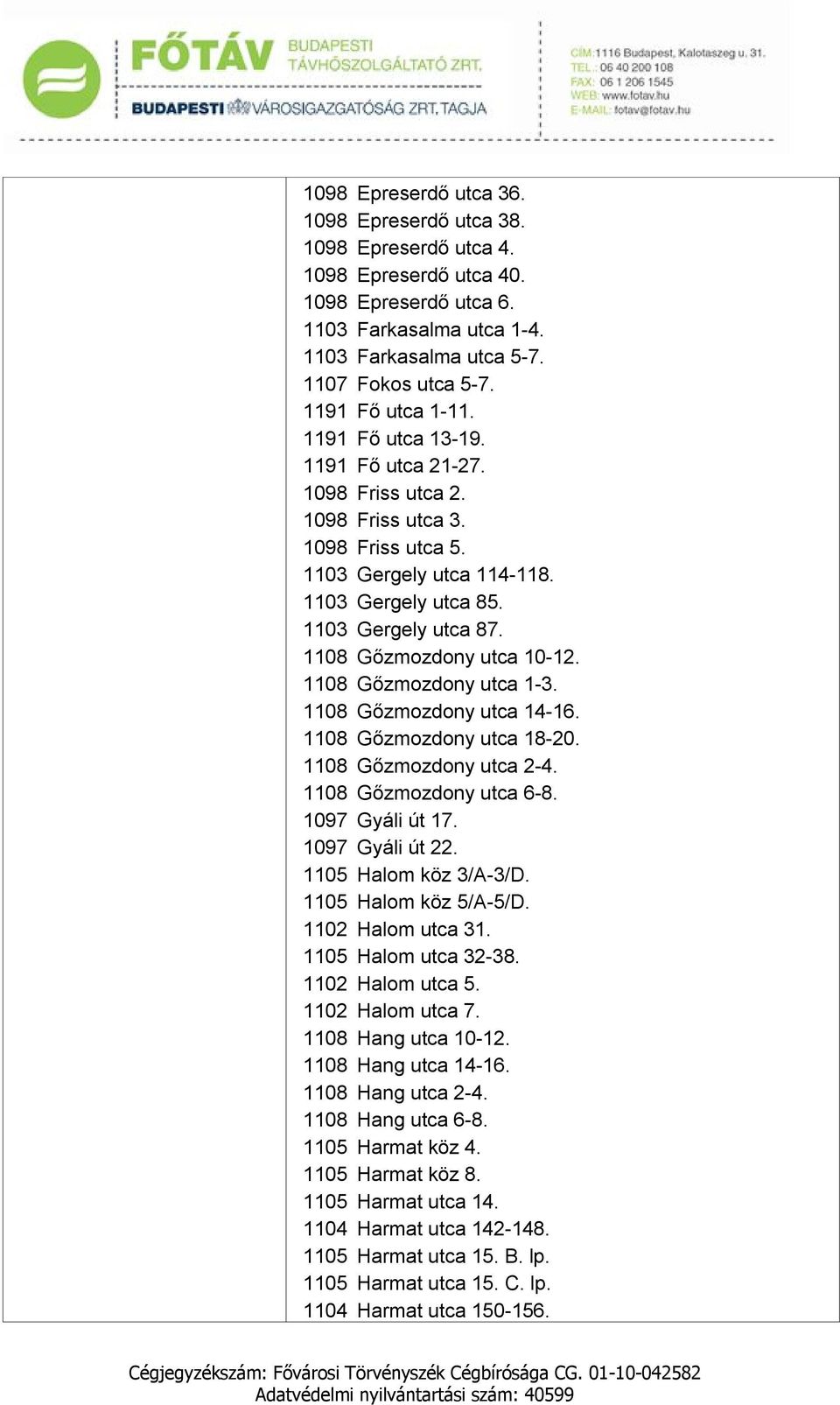 1108 Gőzmozdony utca 10-12. 1108 Gőzmozdony utca 1-3. 1108 Gőzmozdony utca 14-16. 1108 Gőzmozdony utca 18-20. 1108 Gőzmozdony utca 2-4. 1108 Gőzmozdony utca 6-8. 1097 Gyáli út 17. 1097 Gyáli út 22.