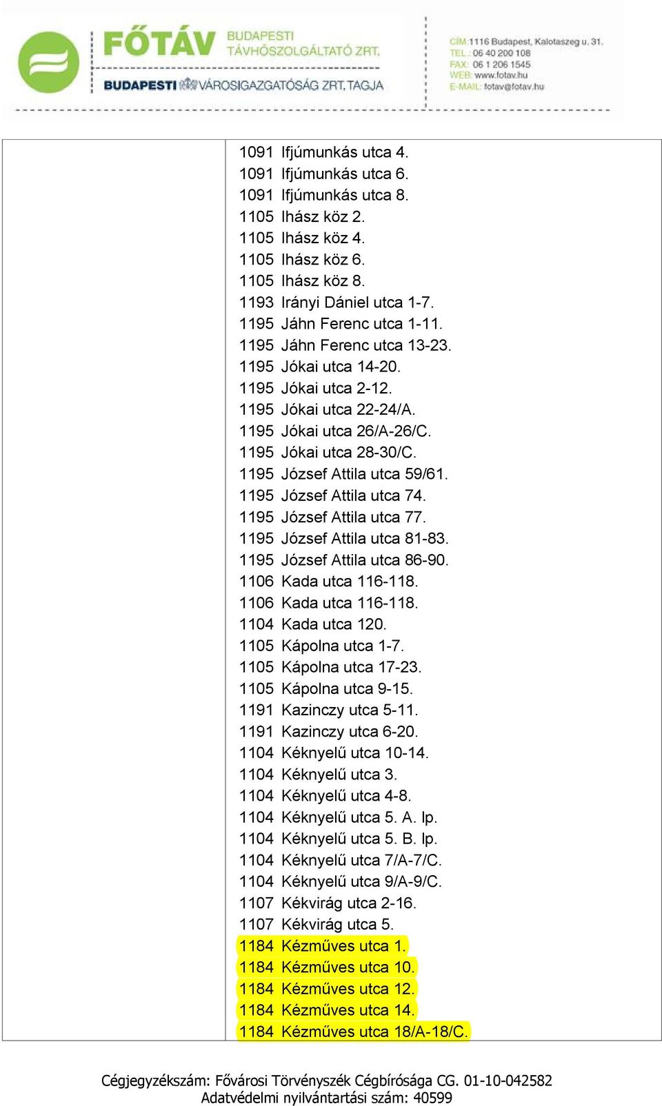 1195 József Attila utca 74. 1195 József Attila utca 77. 1195 József Attila utca 81-83. 1195 József Attila utca 86-90. 1106 Kada utca 116-118. 1106 Kada utca 116-118. 1104 Kada utca 120.