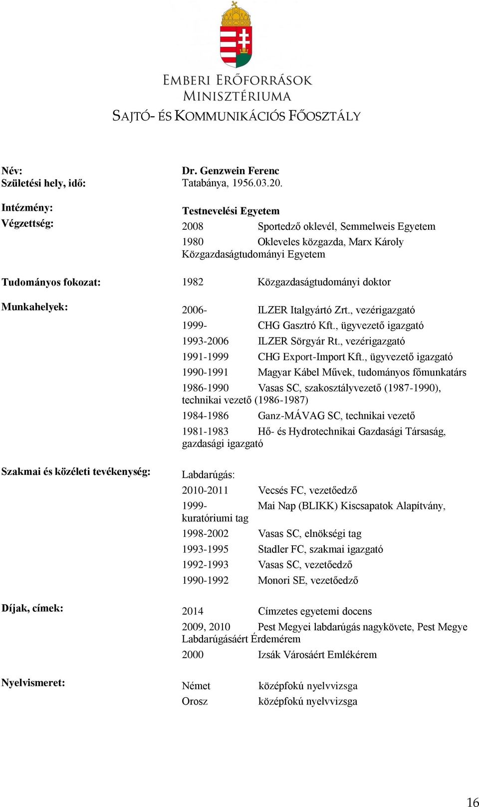 Munkahelyek: 2006- ILZER Italgyártó Zrt., vezérigazgató 1999- CHG Gasztró Kft., ügyvezető igazgató 1993-2006 ILZER Sörgyár Rt., vezérigazgató 1991-1999 CHG Export-Import Kft.