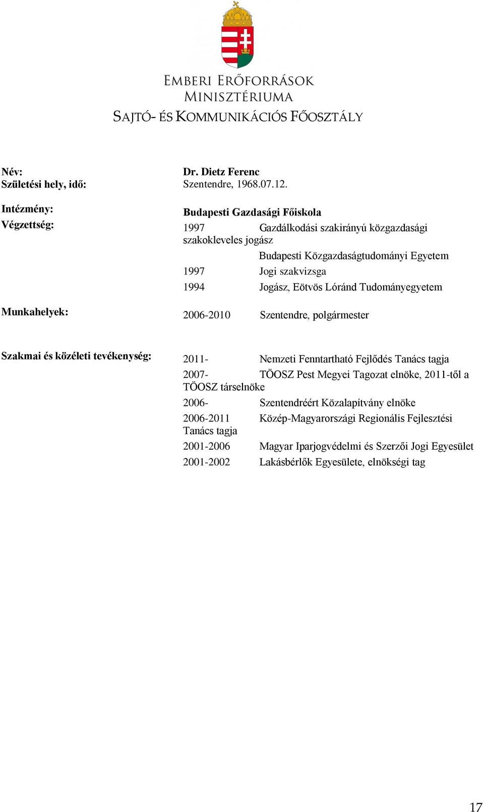 Jogász, Eötvös Lóránd Tudományegyetem Munkahelyek: 2006-2010 Szentendre, polgármester Szakmai és közéleti tevékenység: 2011- Nemzeti Fenntartható Fejlődés Tanács tagja