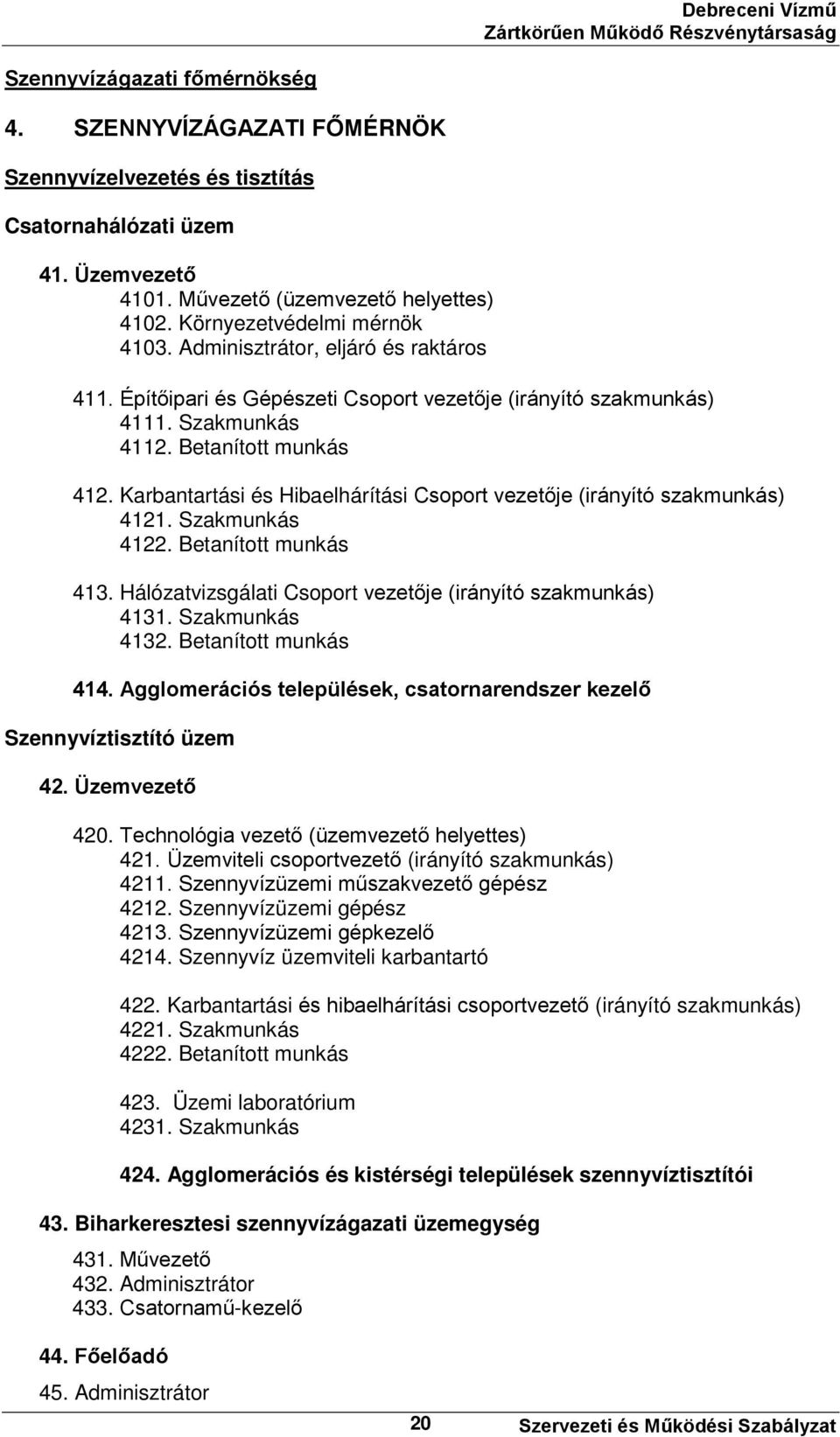 Karbantartási és Hibaelhárítási Csoport vezetője (irányító szakmunkás) 4121. Szakmunkás 4122. Betanított munkás 413. Hálózatvizsgálati Csoport vezetője (irányító szakmunkás) 4131. Szakmunkás 4132.