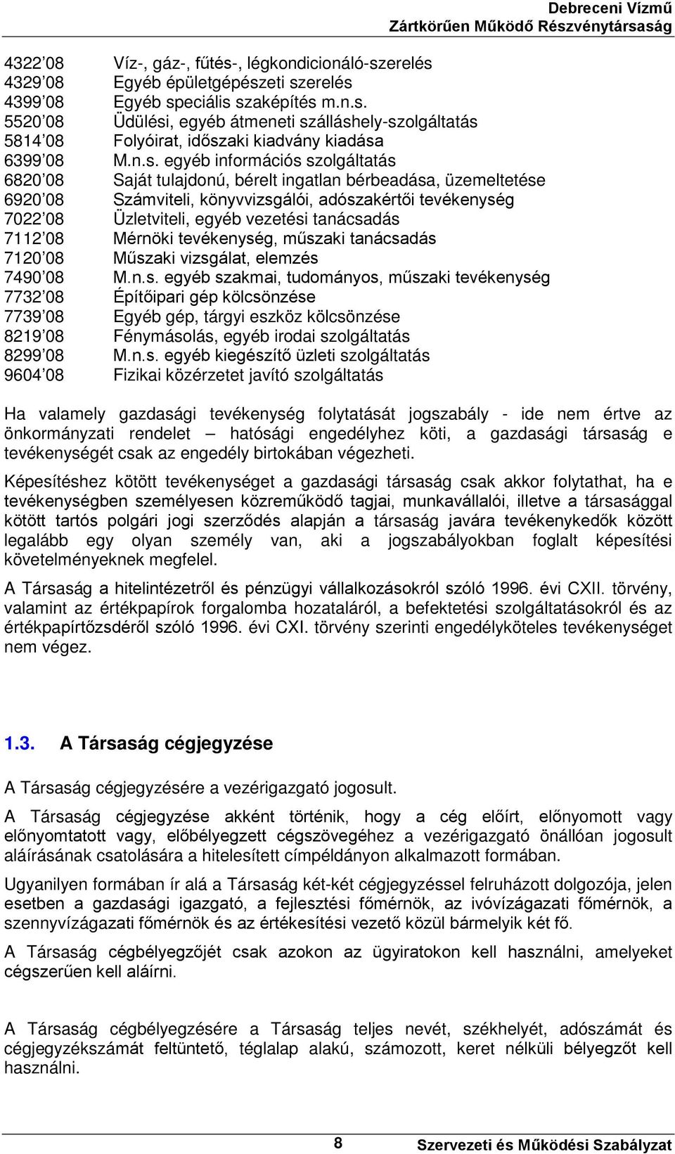 tanácsadás 7112 08 Mérnöki tevékenység, műszaki tanácsadás 7120 08 Műszaki vizsgálat, elemzés 7490 08 M.n.s. egyéb szakmai, tudományos, műszaki tevékenység 7732 08 Építőipari gép kölcsönzése 7739 08 Egyéb gép, tárgyi eszköz kölcsönzése 8219 08 Fénymásolás, egyéb irodai szolgáltatás 8299 08 M.