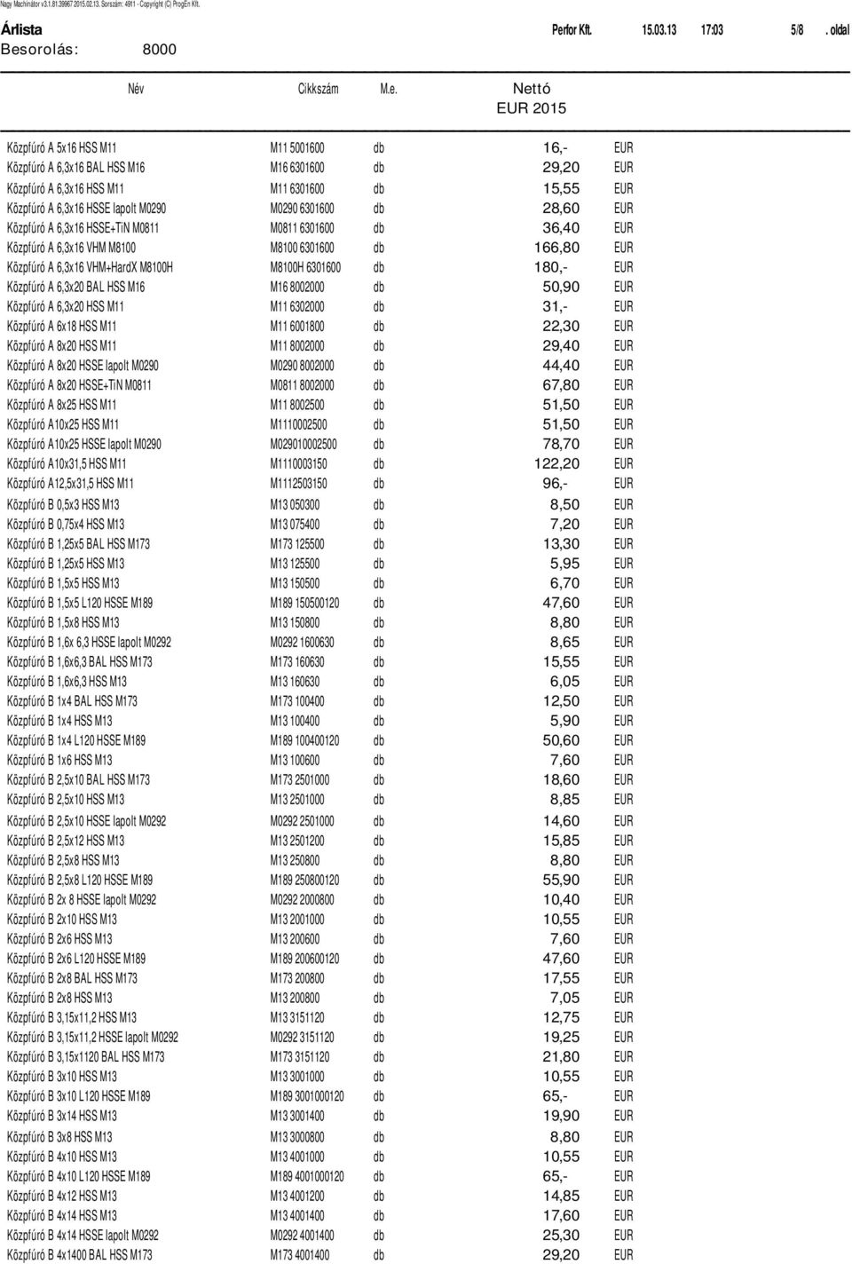 6301600 db 28,60 EUR K zpfёr A 6,3x16 HSSE+TiN M0811 M0811 6301600 db 36,40 EUR K zpfёr A 6,3x16 VHM M8100 M8100 6301600 db 166,80 EUR K zpfёr A 6,3x16 VHM+HardX M8100H M8100H 6301600 db 180,- EUR K