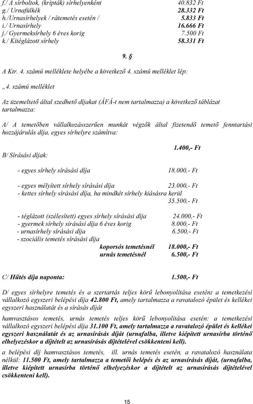 számú melléklet Az üzemeltető által szedhető díjakat (ÁFÁ-t nem tartalmazza) a következő táblázat tartalmazza: A/ A temetőben vállalkozásszerűen munkát végzők által fizetendő temető fenntartási