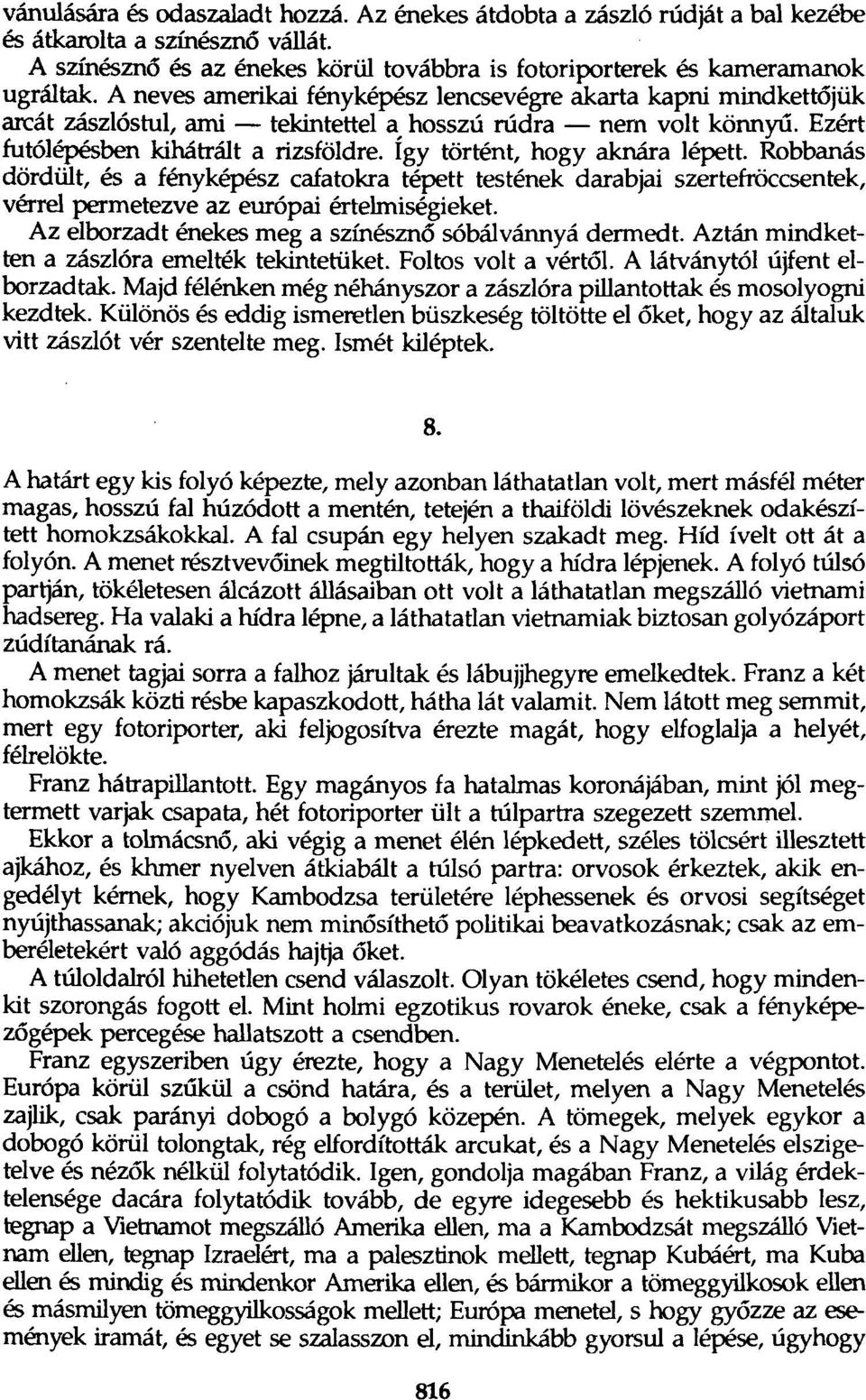 Így történt, hogy aknára lépett. Robbanás dördült, és a fényképész cafatokra tépett testének darabjai szertefröccsentek, vérrel permetezve az európai értelmiségieket.