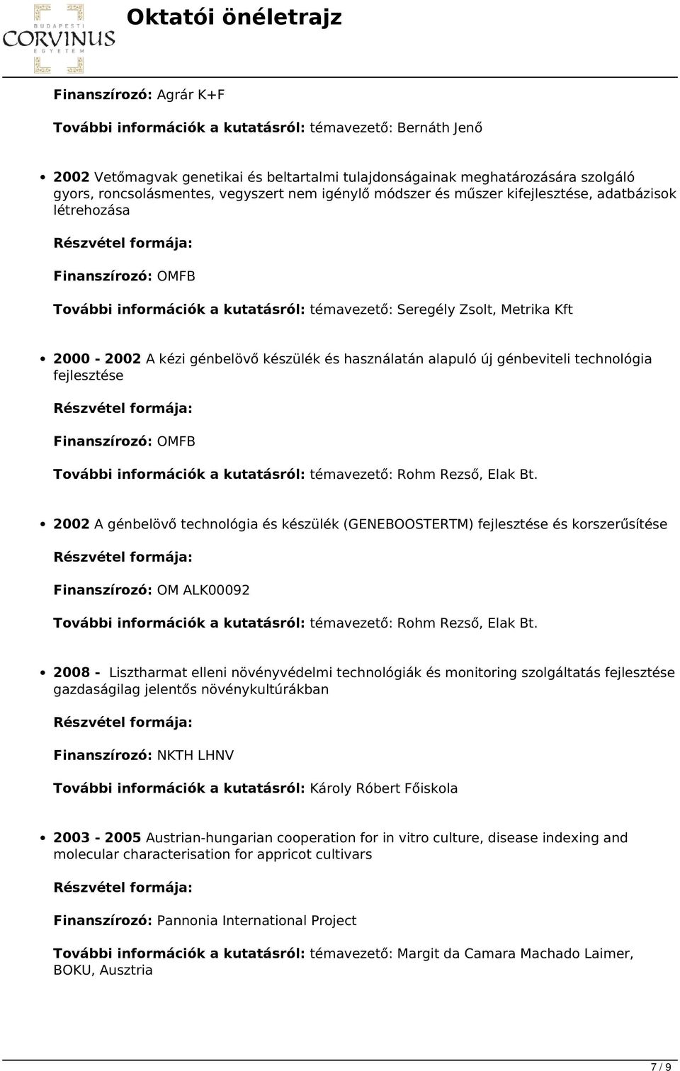 Rohm Rezső, Elak Bt. 2002 A génbelövő technológia és készülék (GENEBOOSTERTM) fejlesztése és korszerűsítése Finanszírozó: OM ALK00092 témavezető: Rohm Rezső, Elak Bt.