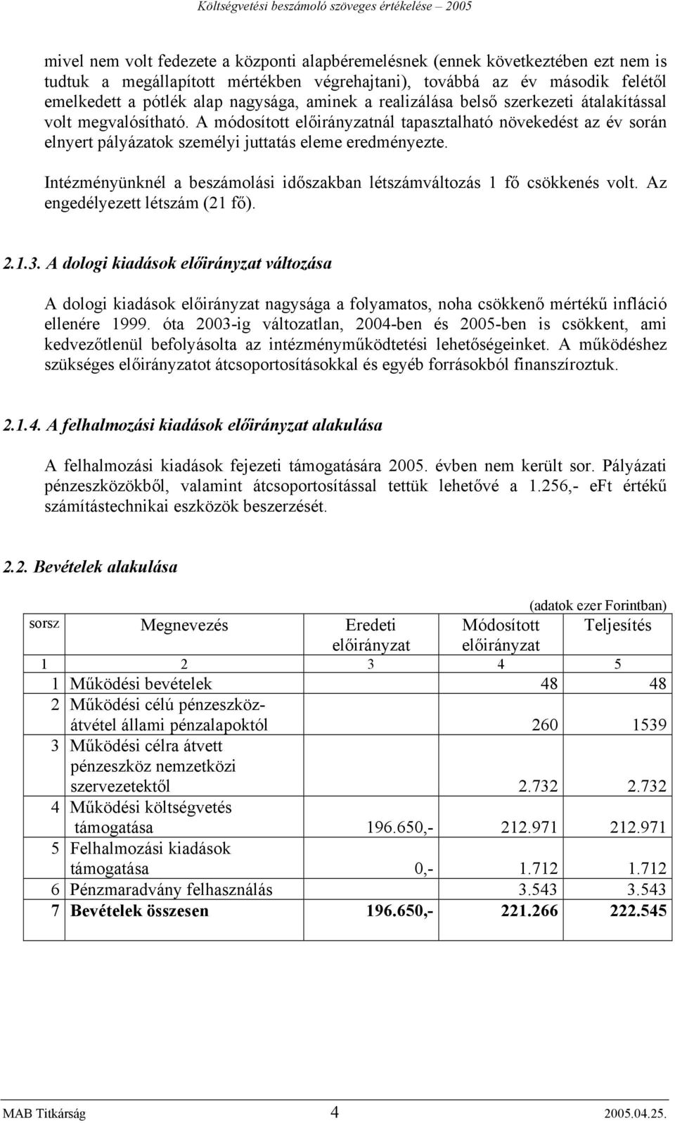 Intézményünknél a beszámolási időszakban létszámváltozás 1 fő csökkenés volt. Az engedélyezett létszám (21 fő). 2.1.3.