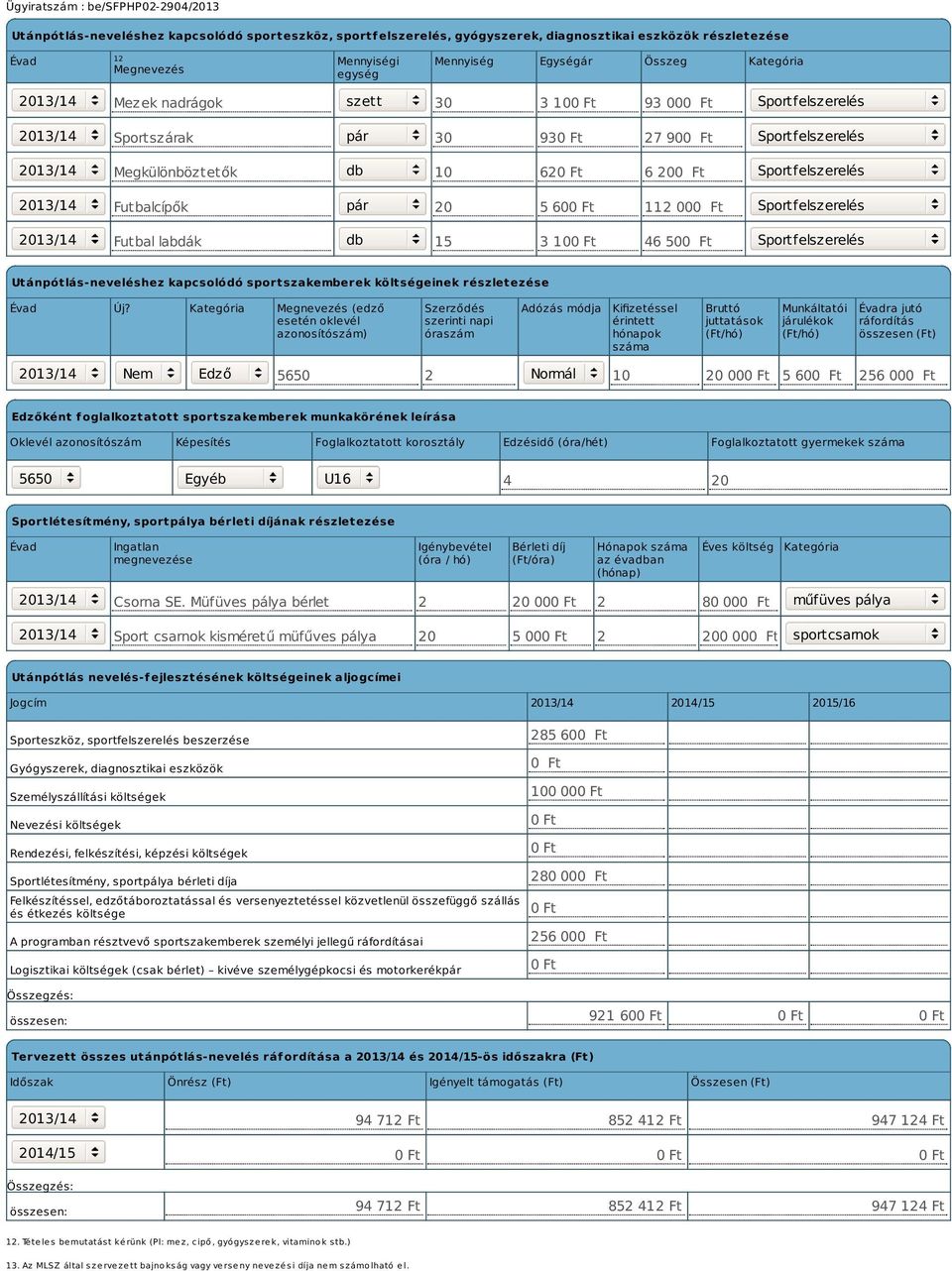 pár 20 5 600 Ft 112 000 Ft Sportfelszerelés 2013/14 Futbal labdák db 15 3 100 Ft 46 500 Ft Sportfelszerelés Utánpótlás-neveléshez kapcsolódó sportszakemberek költségeinek részletezése Évad Új?