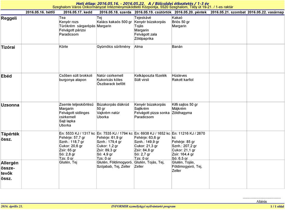 vasárnap Kalács kakaós 500 gr Túrókrém sárgarépás Briós 50 gr Tízórai Körte Gyümölcs sűrítmény Alma Banán Csőben sült brokkoli burgonya alapon Natúr csirkemell Kukoricás köles Őszibarack befőtt