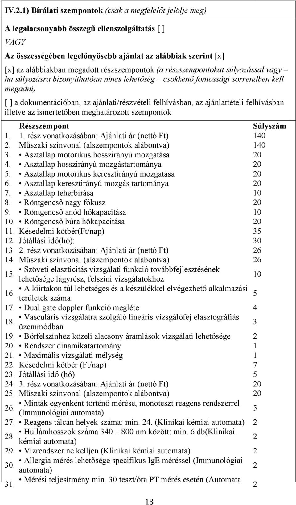 felhívásban, az ajánlattételi felhívásban illetve az ismertetőben meghatározott szempontok Részszempont Súlyszám 1. 1. rész vonatkozásában: Ajánlati ár (nettó Ft) 140 2.