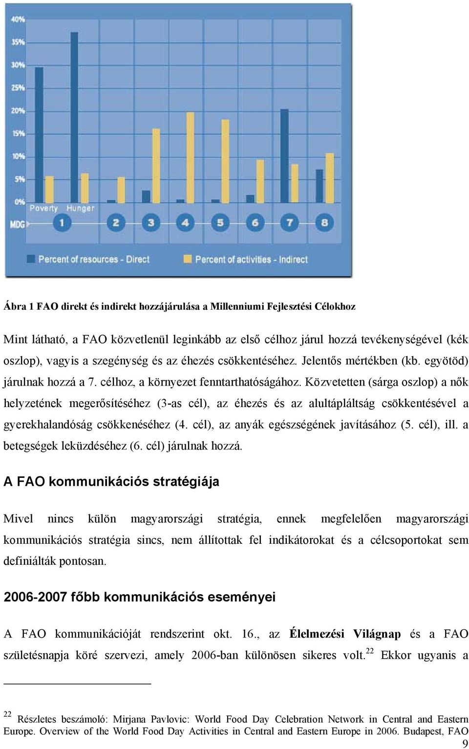 Közvetetten (sárga oszlop) a nők helyzetének megerősítéséhez (3-as cél), az éhezés és az alultápláltság csökkentésével a gyerekhalandóság csökkenéséhez (4. cél), az anyák egészségének javításához (5.