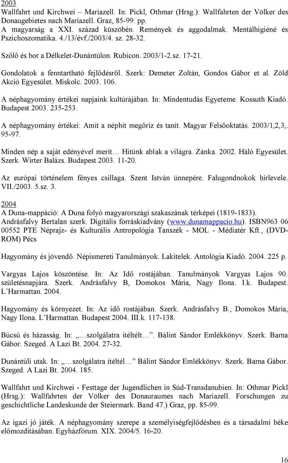 Szerk: Demeter Zoltán, Gondos Gábor et al. Zöld Akció Egyesület. Miskolc. 2003. 106. A néphagyomány értékei napjaink kultúrájában. In: Mindentudás Egyeteme. Kossuth Kiadó. Budapest 2003. 235-253.