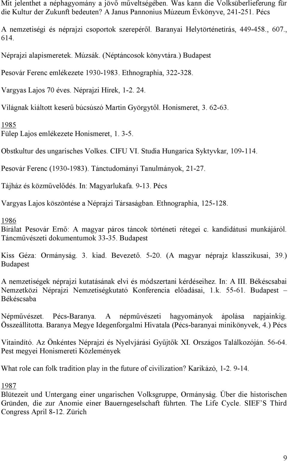 ) Budapest Pesovár Ferenc emlékezete 1930-1983. Ethnographia, 322-328. Vargyas Lajos 70 éves. Néprajzi Hírek, 1-2. 24. Világnak kiáltott keserű búcsúszó Martin Györgytől. Honismeret, 3. 62-63.