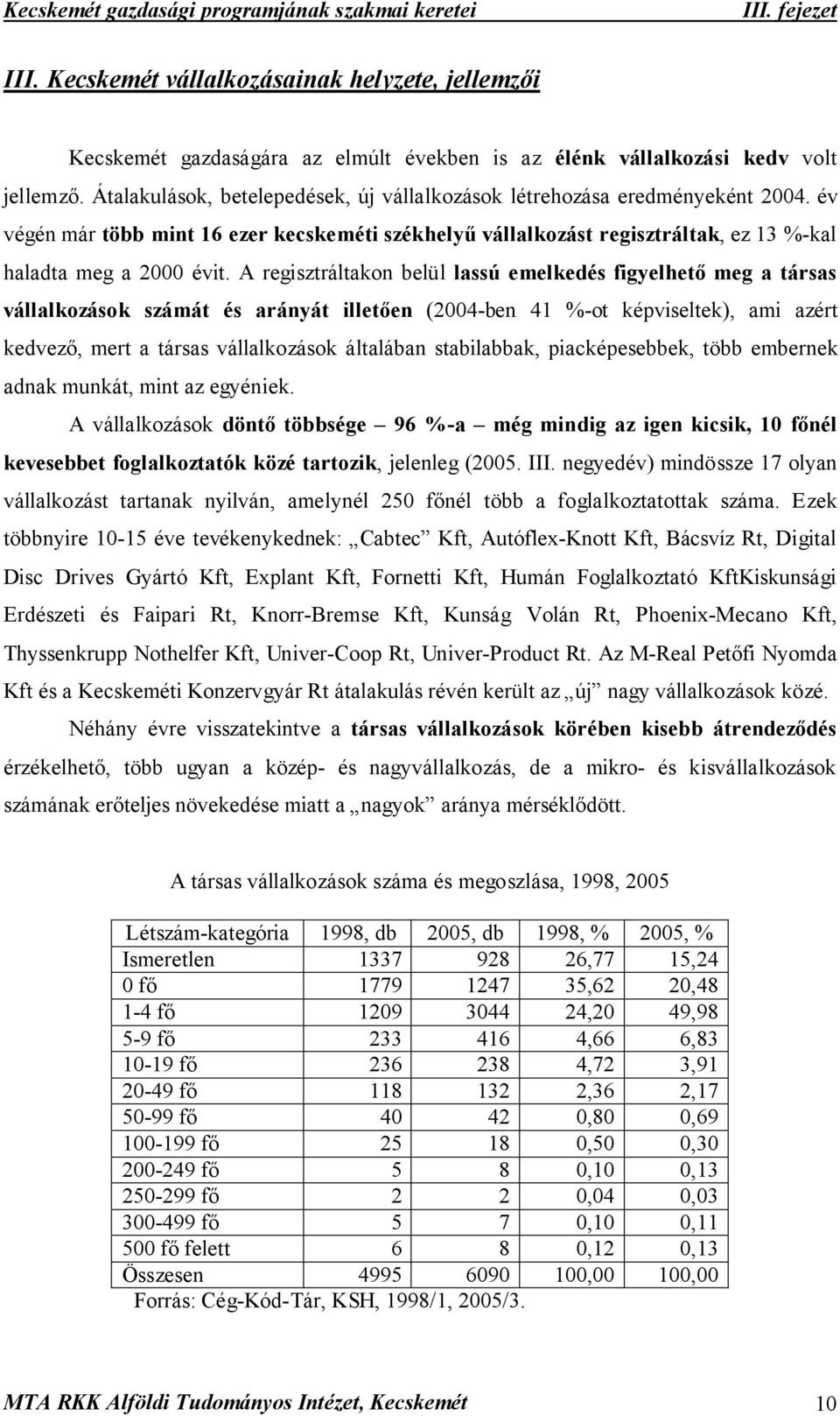 A regisztráltakon belül lassú emelkedés figyelhető meg a társas vállalkozások számát és arányát illetően (2004-ben 41 %-ot képviseltek), ami azért kedvező, mert a társas vállalkozások általában