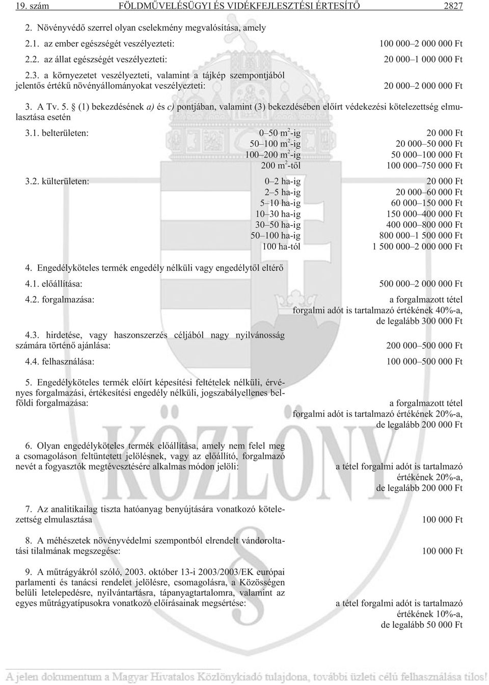 (1) bekezdésének a) és c) pontjában, valamint (3) bekezdésében elõírt védekezési kötelezettség elmulasztása esetén 3.1. belterületen: 0 50 m 2 -ig 20 000 Ft 50 100 m 2 -ig 20 000 50 000 Ft 100 200 m 2 -ig 50 000 100 000 Ft 200 m 2 -tõl 100 000 750 000 Ft 3.