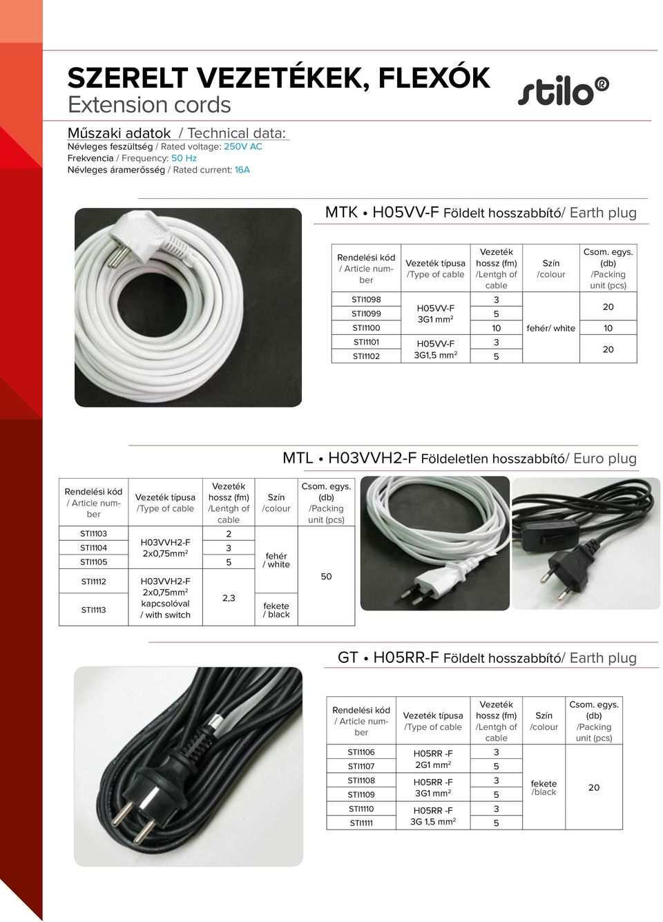 (db) /Packing unit (pcs) STI1098 H05VV-F STI1099 5 G1 mm 2 STI1100 10 fehér/ white 10 STI1101 H05VV-F STI1102 G1,5 mm 2 5 MTL H0VVH2-F Földeletlen hosszabbító/ Euro plug Vezeték típusa /Type of cable