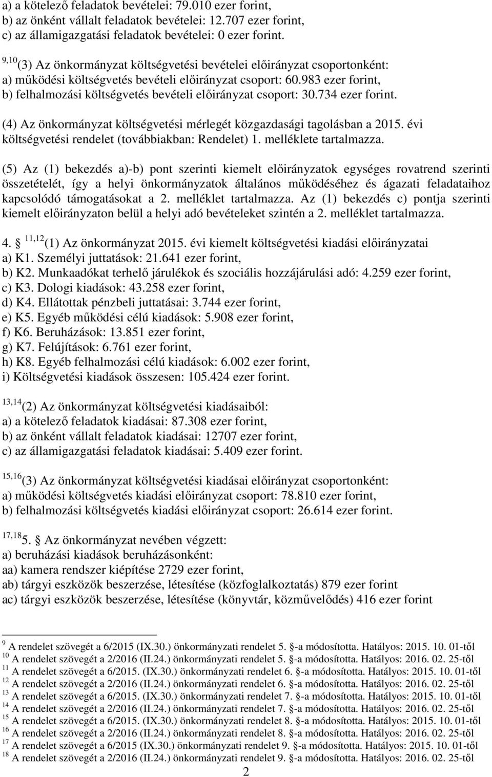 983 ezer forint, b) felhalmozási költségvetés bevételi előirányzat csoport: 30.734 ezer forint. (4) Az önkormányzat költségvetési mérlegét közgazdasági tagolásban a 015.