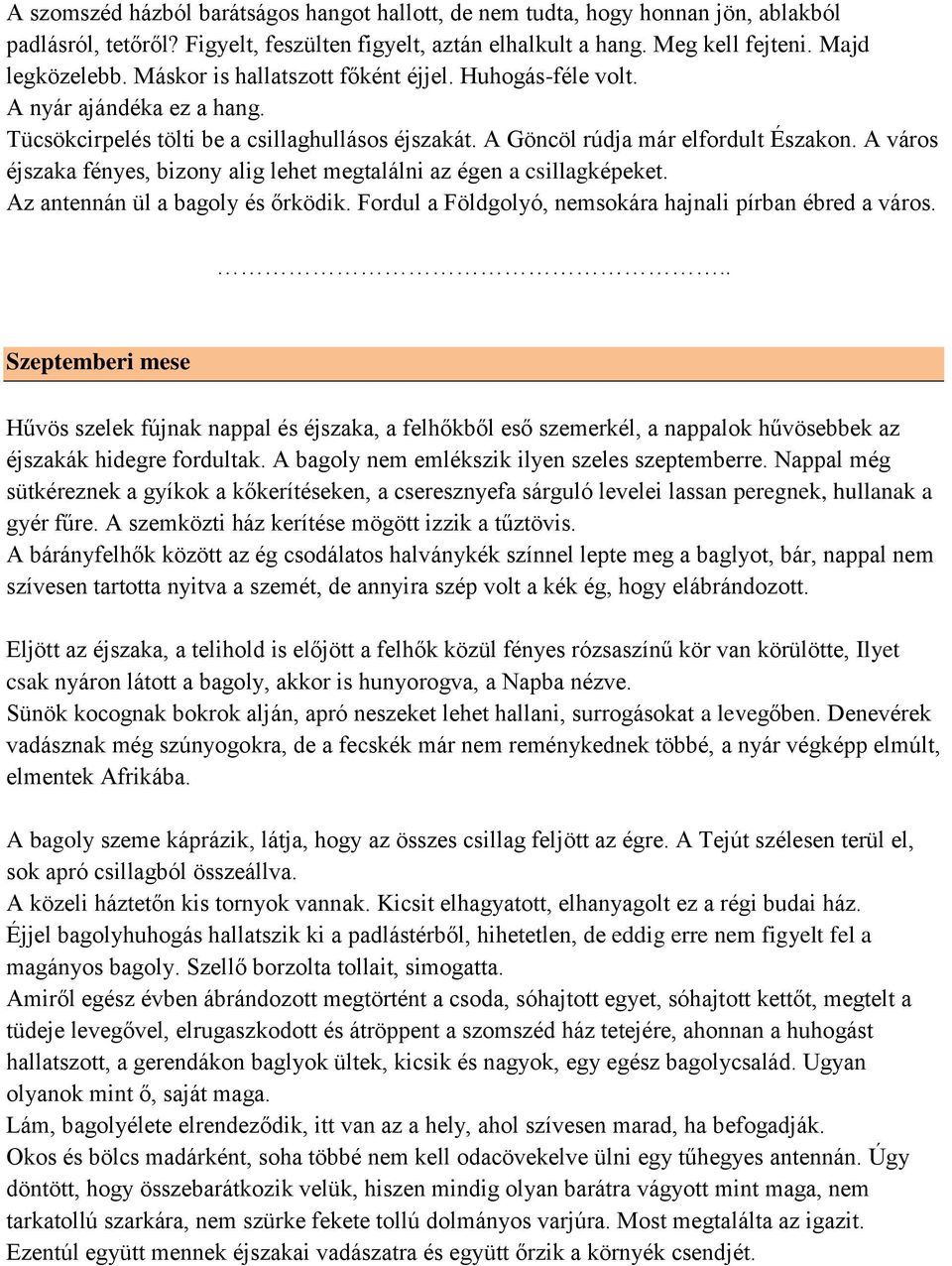 A város éjszaka fényes, bizony alig lehet megtalálni az égen a csillagképeket. Az antennán ül a bagoly és őrködik. Fordul a Földgolyó, nemsokára hajnali pírban ébred a város.