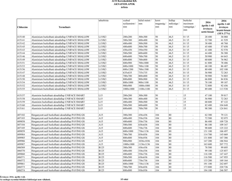 57 658 415143 Aluminium burkolható akna UNIFACE SHALLOW L15/K3 450x450 550x550 50 46,5 0 / 15 41 400 52 578 415144 Aluminium burkolható akna UNIFACE SHALLOW L15/K3 500x500 600x600 50 46,5 0 / 15 44