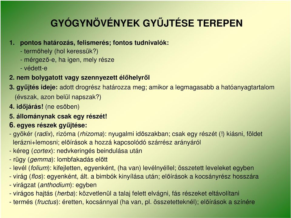 állománynak csak egy részét! 6. egyes részek gyűjtése: - gyökér (radix), rizóma (rhizoma): nyugalmi időszakban; csak egy részét (!