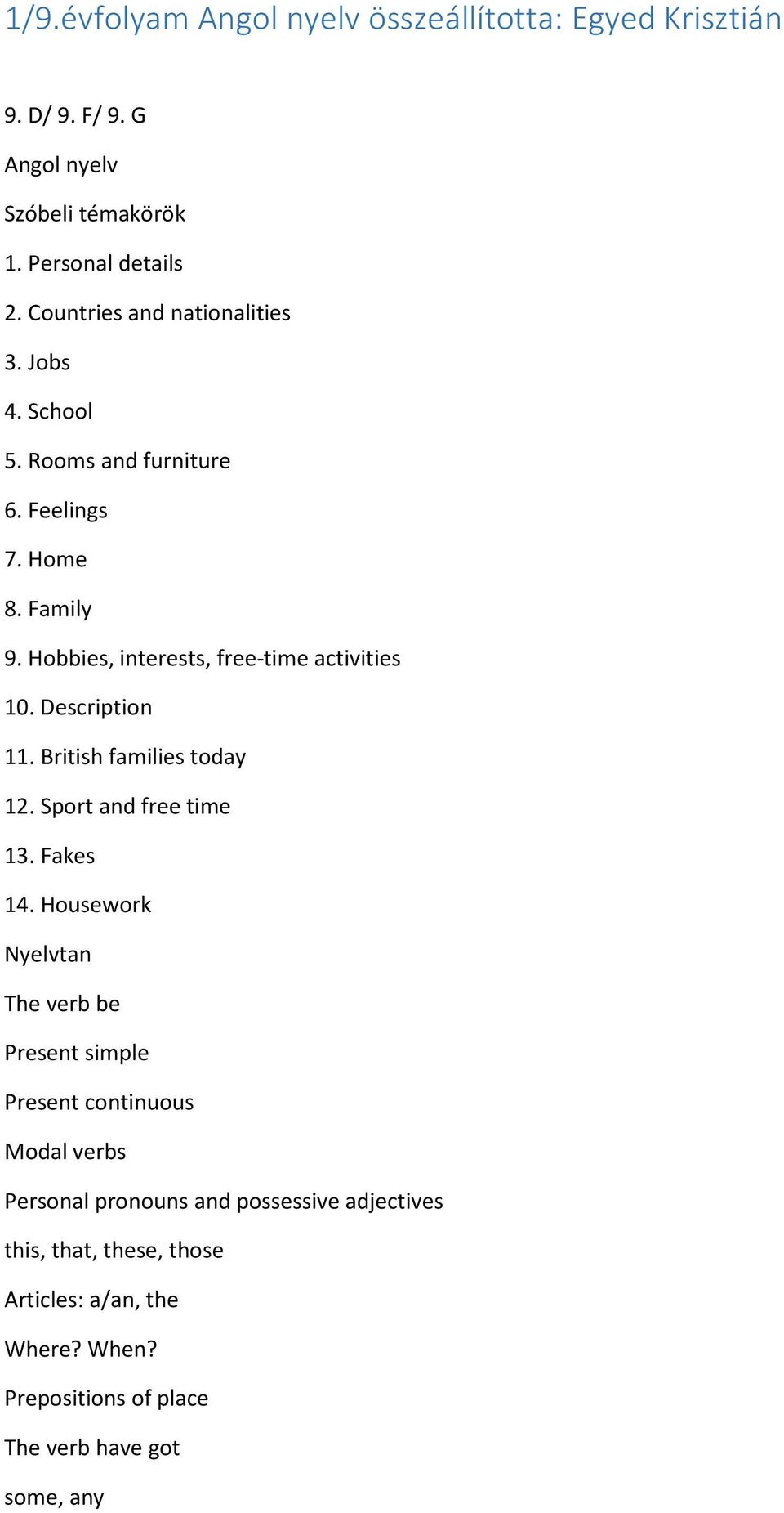 Hobbies, interests, free-time activities 10. Description 11. British families today 12. Sport and free time 13. Fakes 14.