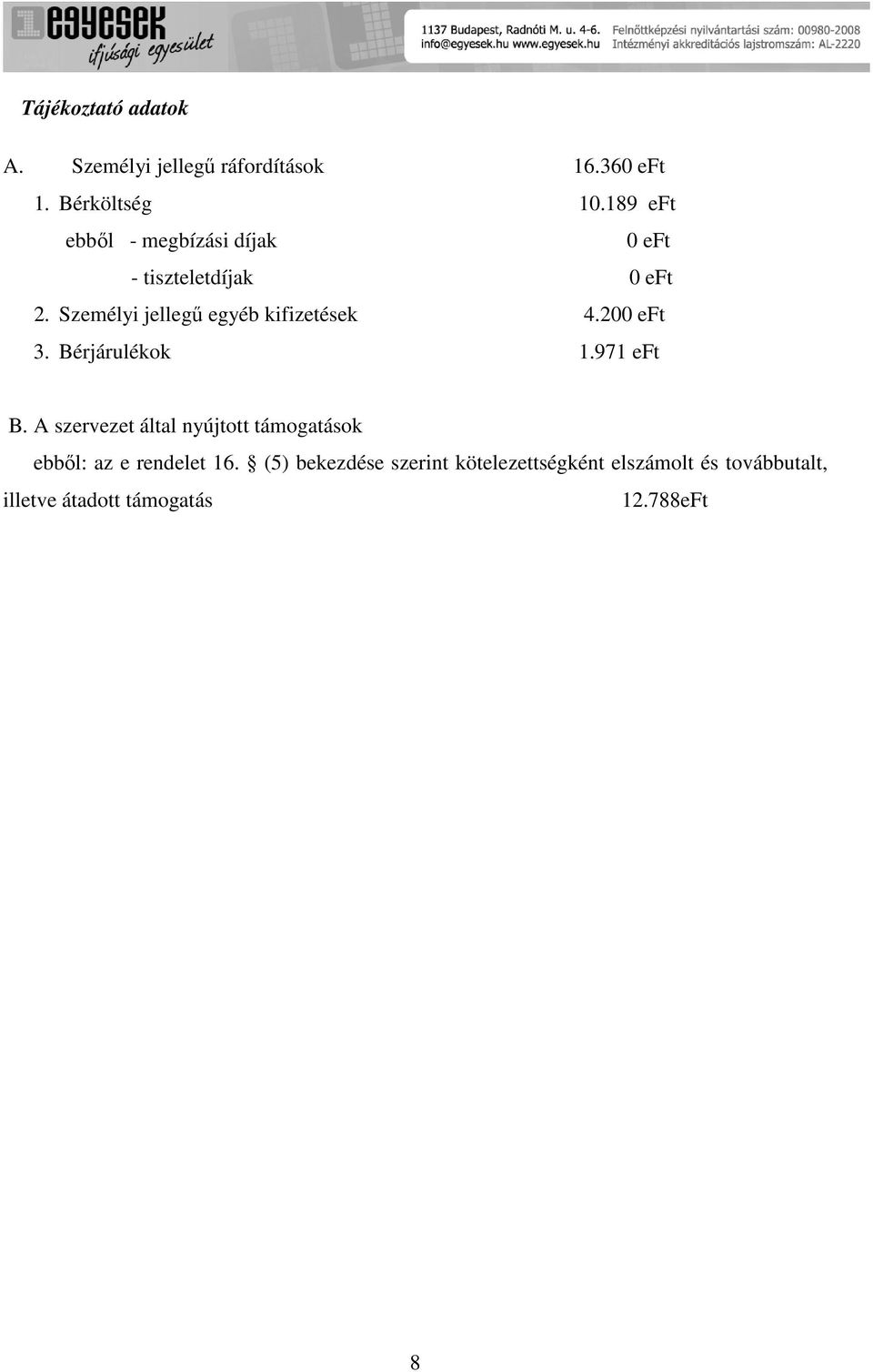 Személyi jellegű egyéb kifizetések 4.200 eft 3. Bérjárulékk 1.971 eft B.