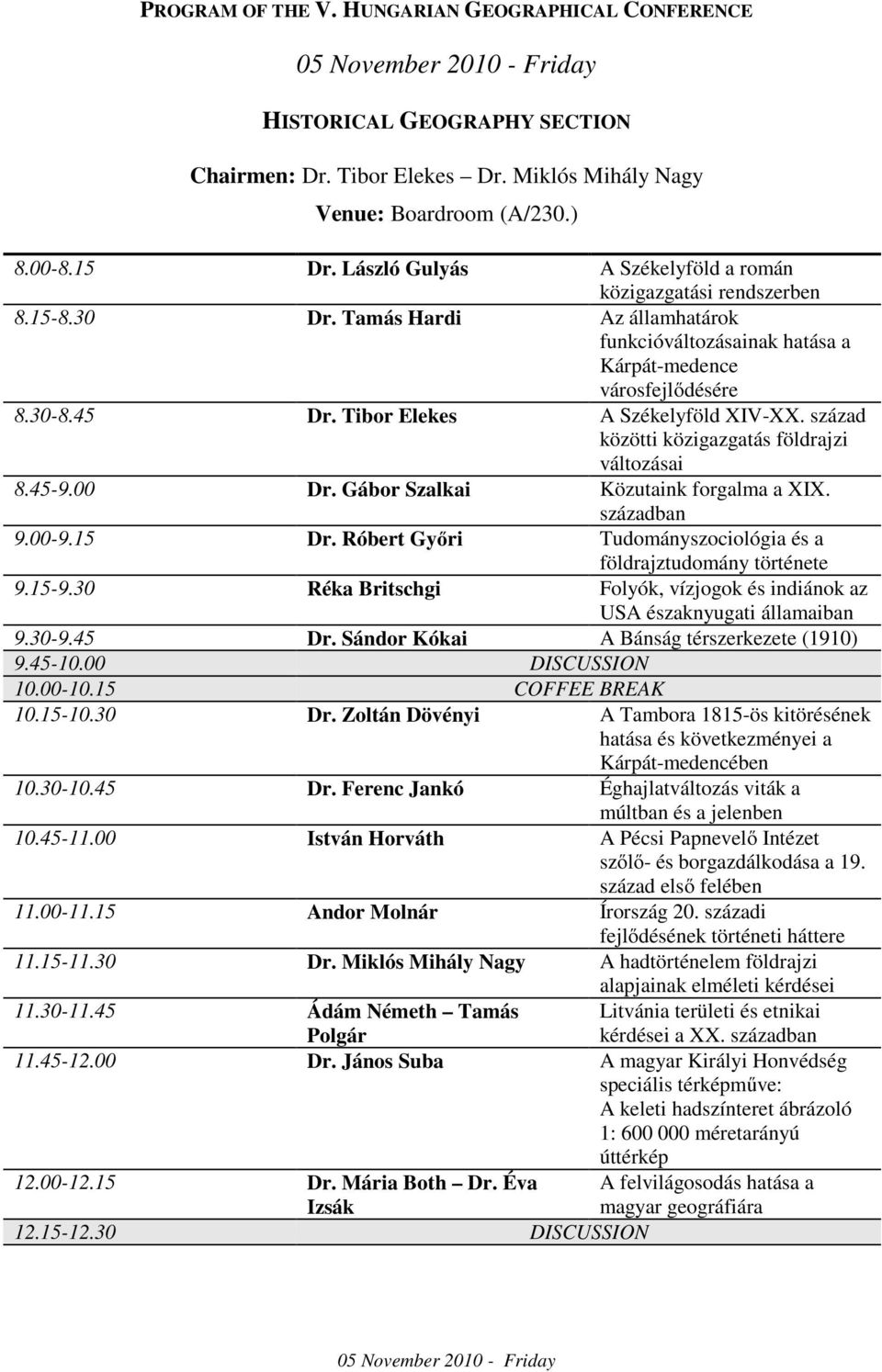 Tibor Elekes A Székelyföld XIV-XX. század közötti közigazgatás földrajzi változásai 8.45-9.00 Dr. Gábor Szalkai Közutaink forgalma a XIX. században 9.00-9.15 Dr.