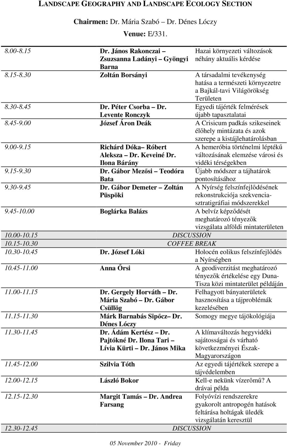 30 Zoltán Borsányi A társadalmi tevékenység hatása a természeti környezetre a Bajkál-tavi Világörökség Területen 8.30-8.45 Dr. Péter Csorba Dr.