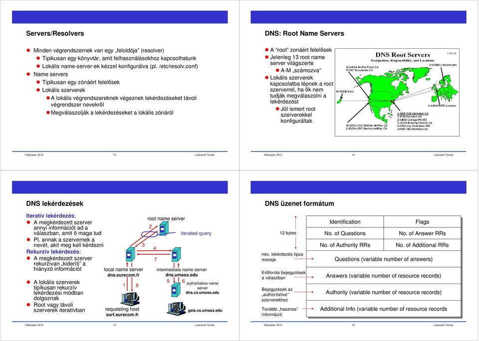 DNS: Root Name Servers A root zonáért felelősek Jelenleg 13 root name server világszerte A-M számozva Lokális szerverek kapcsolatba lépnek a root szerverrel, ha ők nem tudják megválaszolni a