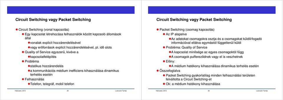 idő slots Quality of Service egyszerű, kivéve a kapcsolatfelépítés Probléma statikus hozzárendelés a kommunikációs médium inefficiens kihasználása dinamikus terhelés esetén Felhasználás Telefon,