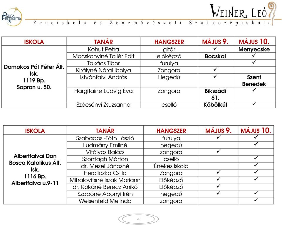Benedek Hargitainé Ludvig Éva Zongora Bikszádi 61. Szécsényi Zsuzsanna cselló Köbölkút Albertfalvai Don Bosco Katolikus Ált. 1116 Bp. Albertfalva u.