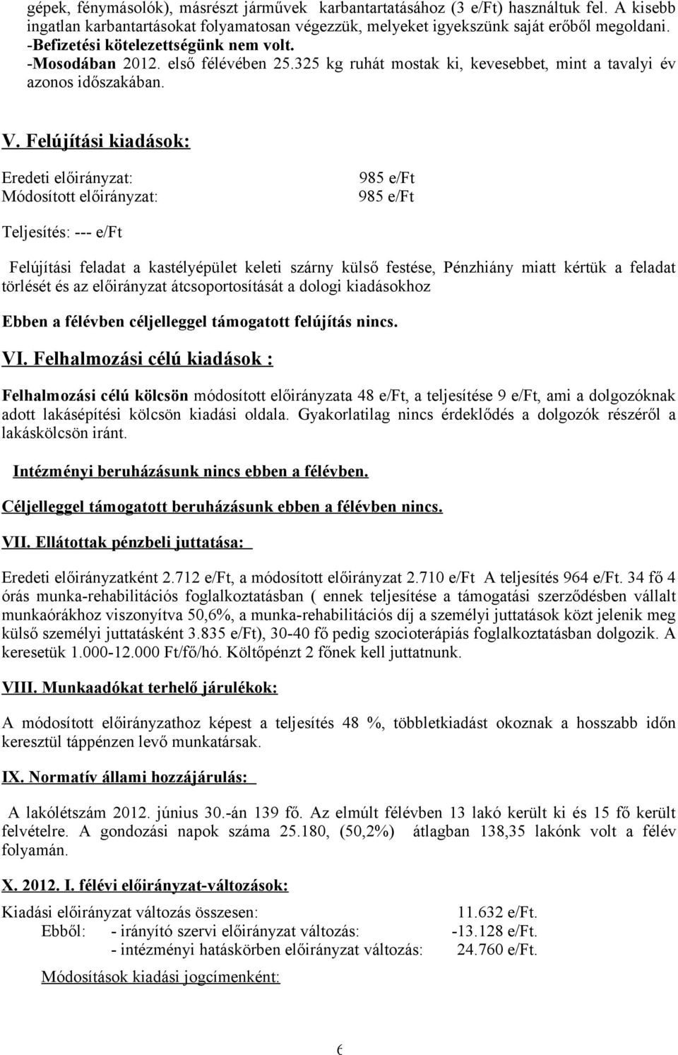 Felújítási kiadások: 985 e/ft 985 e/ft --- e/ft Felújítási feladat a kastélyépület keleti szárny külső festése, Pénzhiány miatt kértük a feladat törlését és az előirányzat átcsoportosítását a dologi