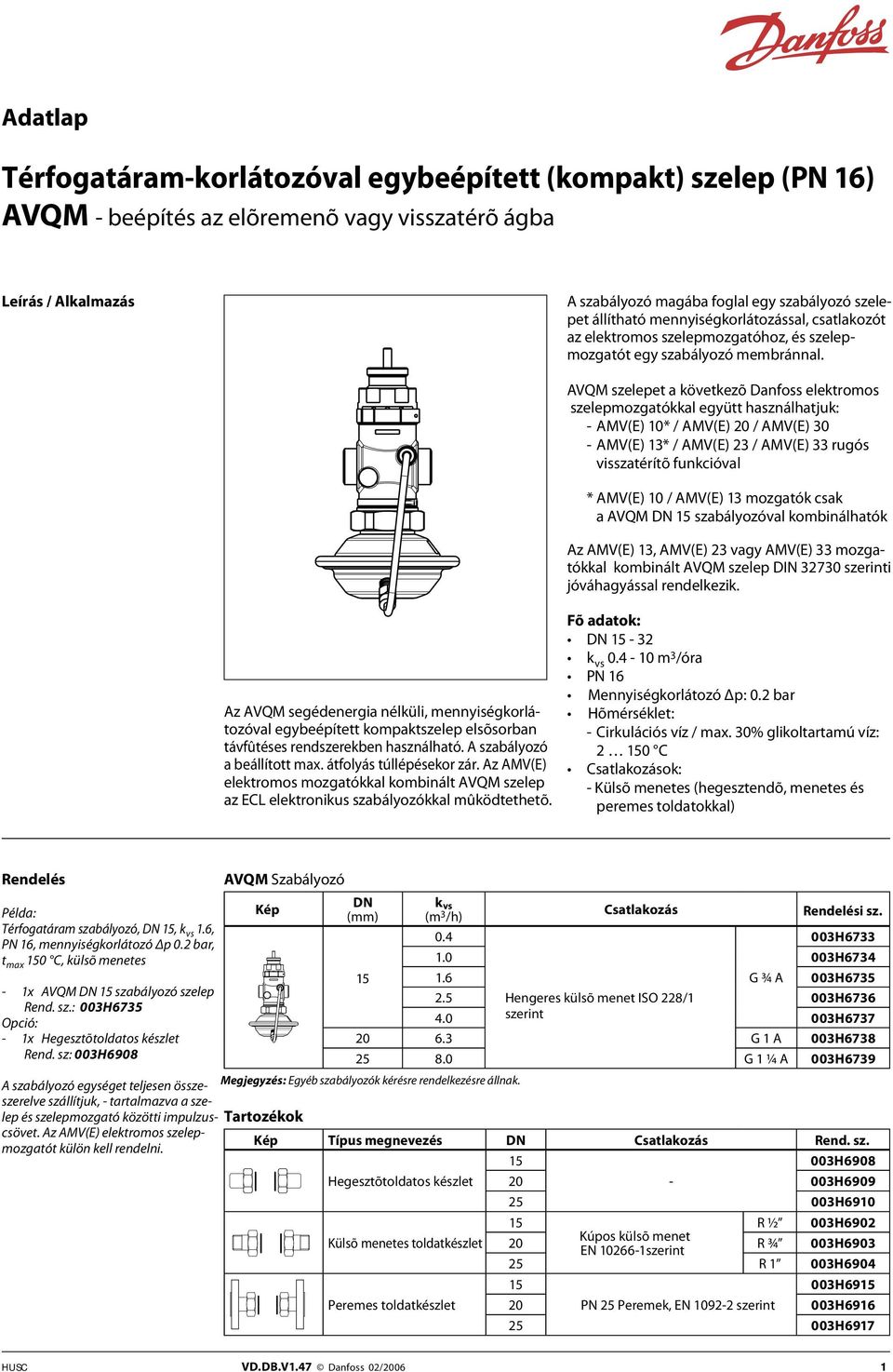 AVQM szelepet a következõ Danfoss elektromos szelepmozgatókkal együtt használhatjuk: - AMV(E) 10* / AMV(E) 20 / AMV(E) 30 - AMV(E) 13* / AMV(E) 23 / AMV(E) 33 rugós visszatérítõ funkcióval * AMV(E)