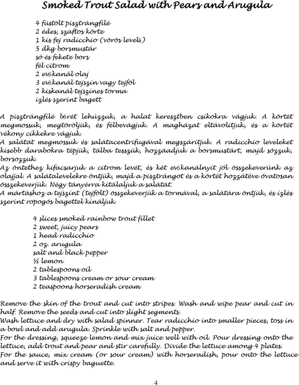 A magházat eltávolítjuk, és a körtét vékony cikkekre vágjuk. A salátát megmossuk és salátacentrifugával megszárítjuk.