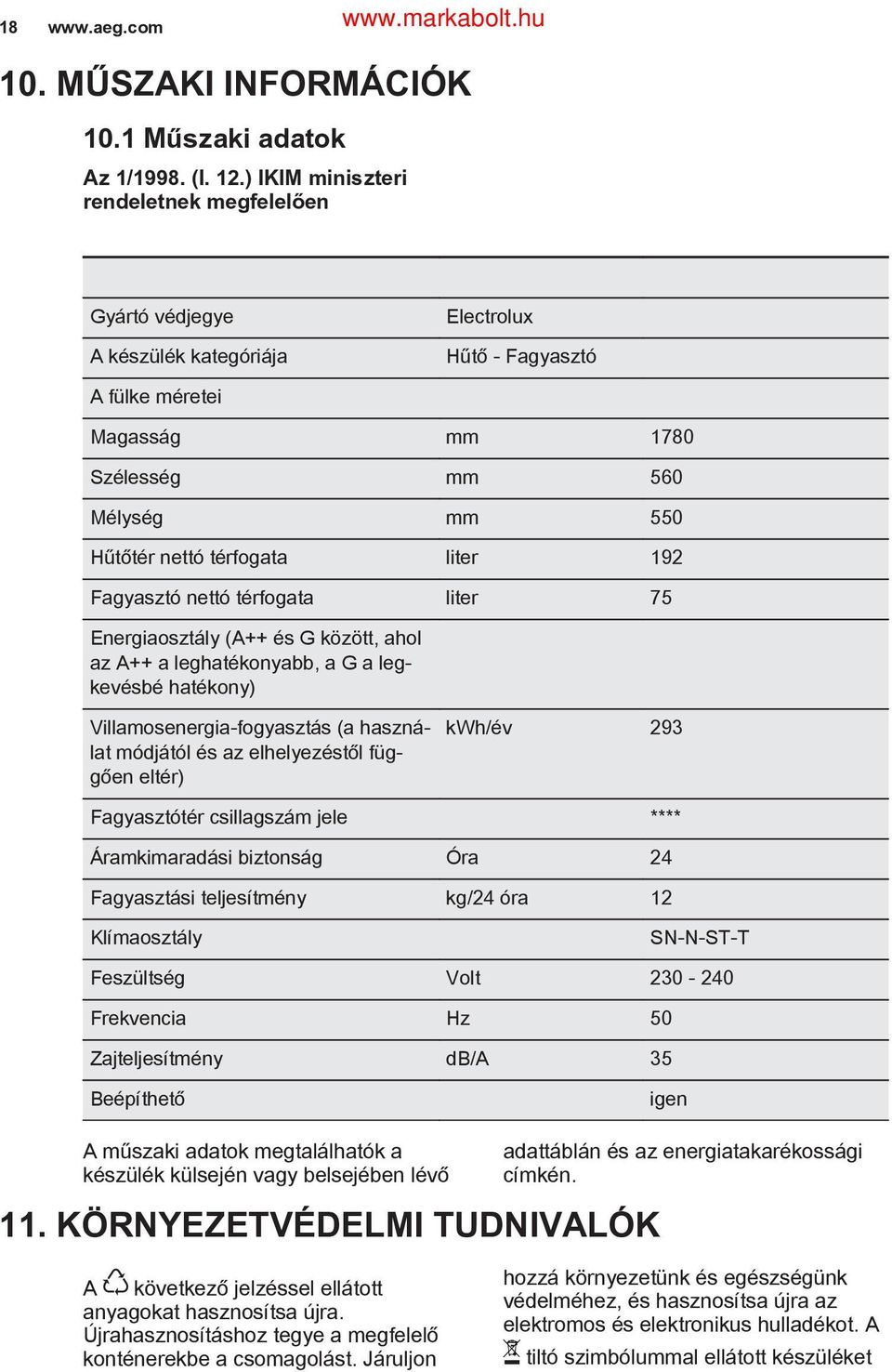 liter 192 Fagyasztó nettó térfogata liter 75 Energiaosztály (A++ és G között, ahol az A++ a leghatékonyabb, a G a legkevésbé hatékony) Villamosenergia-fogyasztás (a használat módjától és az