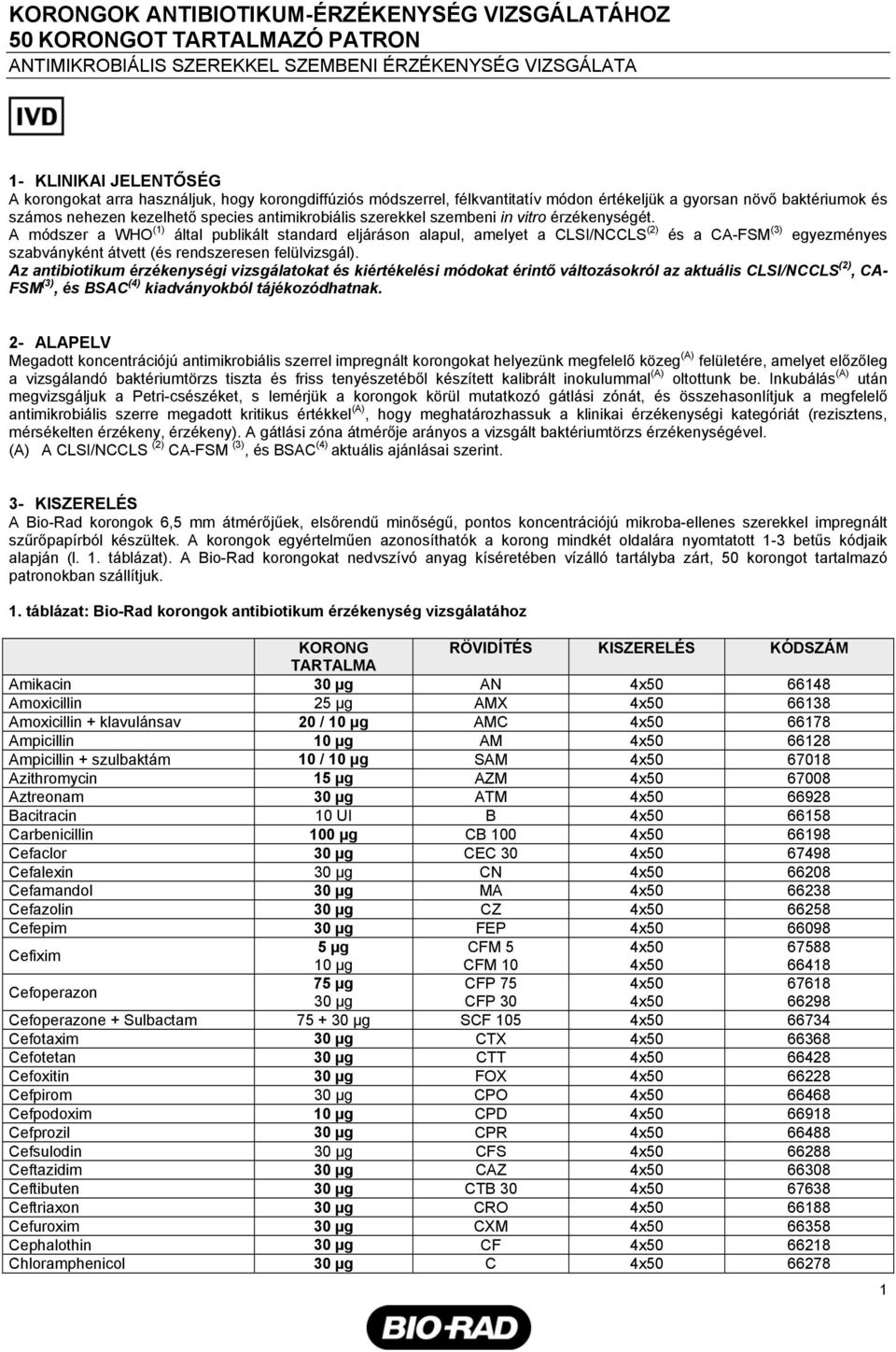 A módszer a WHO (1) által publikált standard eljáráson alapul, amelyet a CLSI/NCCLS (2) és a CA-FSM (3) egyezményes szabványként átvett (és rendszeresen felülvizsgál).