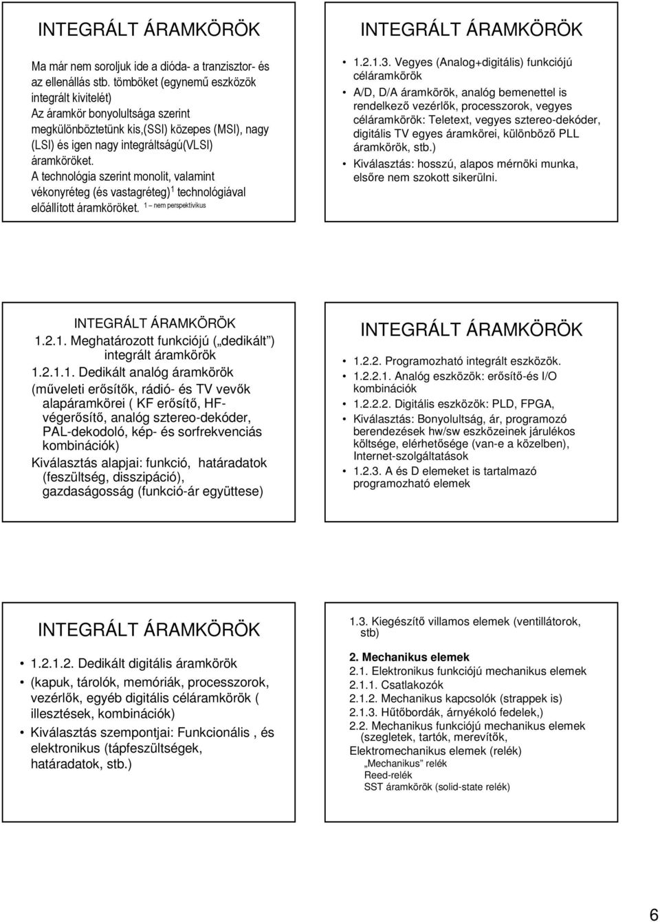 A technológia szerint monolit, valamint vékonyréteg (és vastagréteg) 1 technológiával 1 nem perspektívikus elıállított áramköröket. 1.2.1.3.