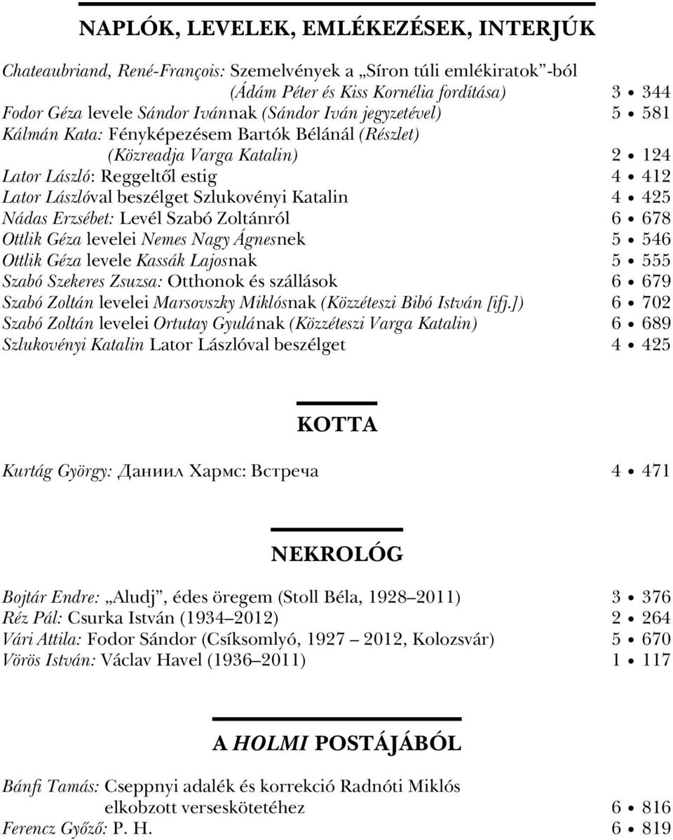 Nádas Erzsébet: Levél Szabó Zoltánról 6 678 Ottlik Géza levelei Nemes Nagy Ágnesnek 5 546 Ottlik Géza levele Kassák Lajosnak 5 555 Szabó Szekeres Zsuzsa: Otthonok és szállások 6 679 Szabó Zoltán