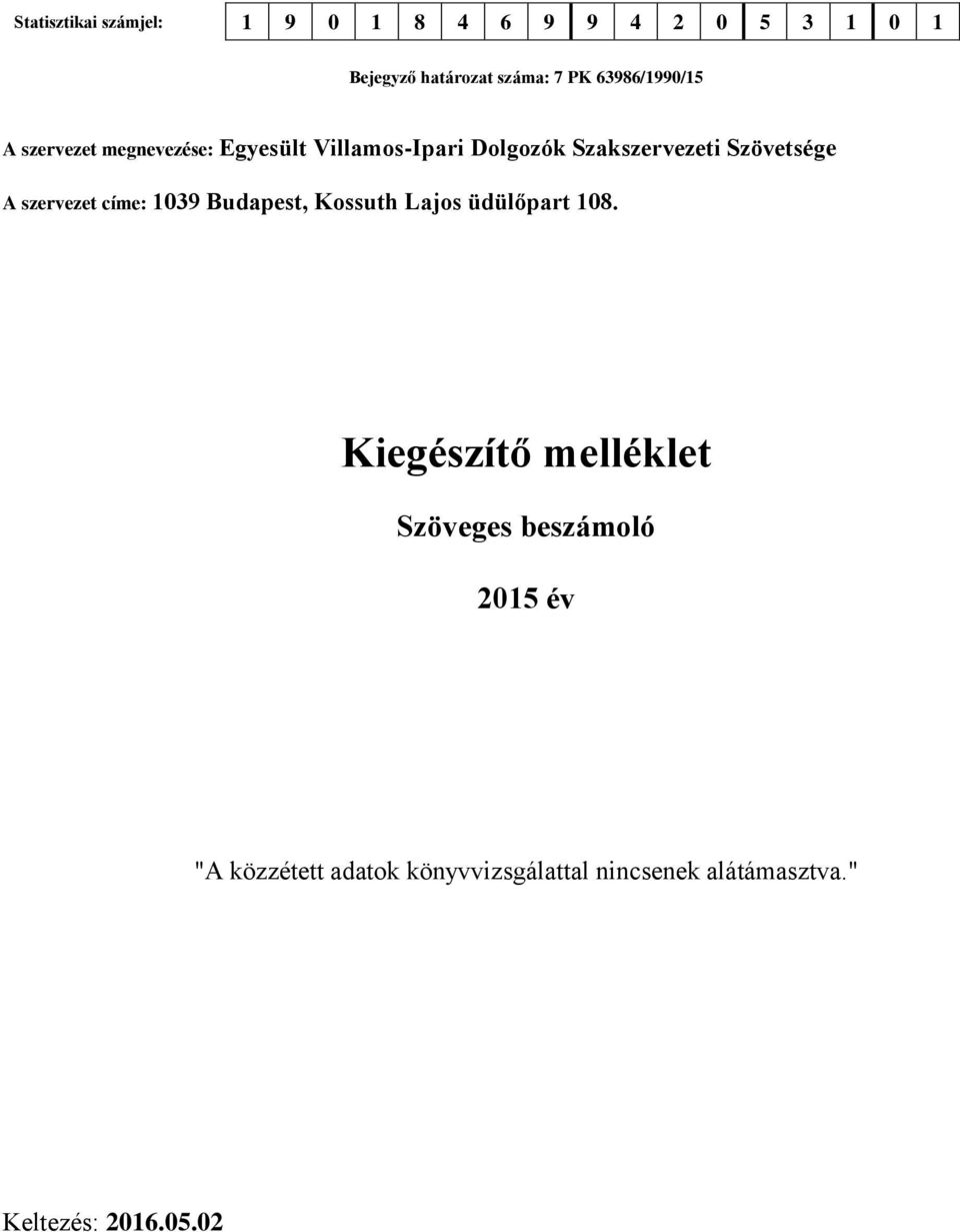 Szövetsége A szervezet címe: 1039 Budapest, Kossuth Lajos üdülőpart 108.