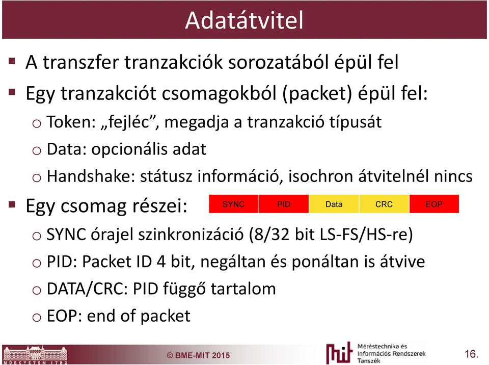 átvitelnél nincs Egy csomag részei: SYNC PID Data CRC EOP o SYNC órajel szinkronizáció (8/32 bit LS-FS/HS-re)