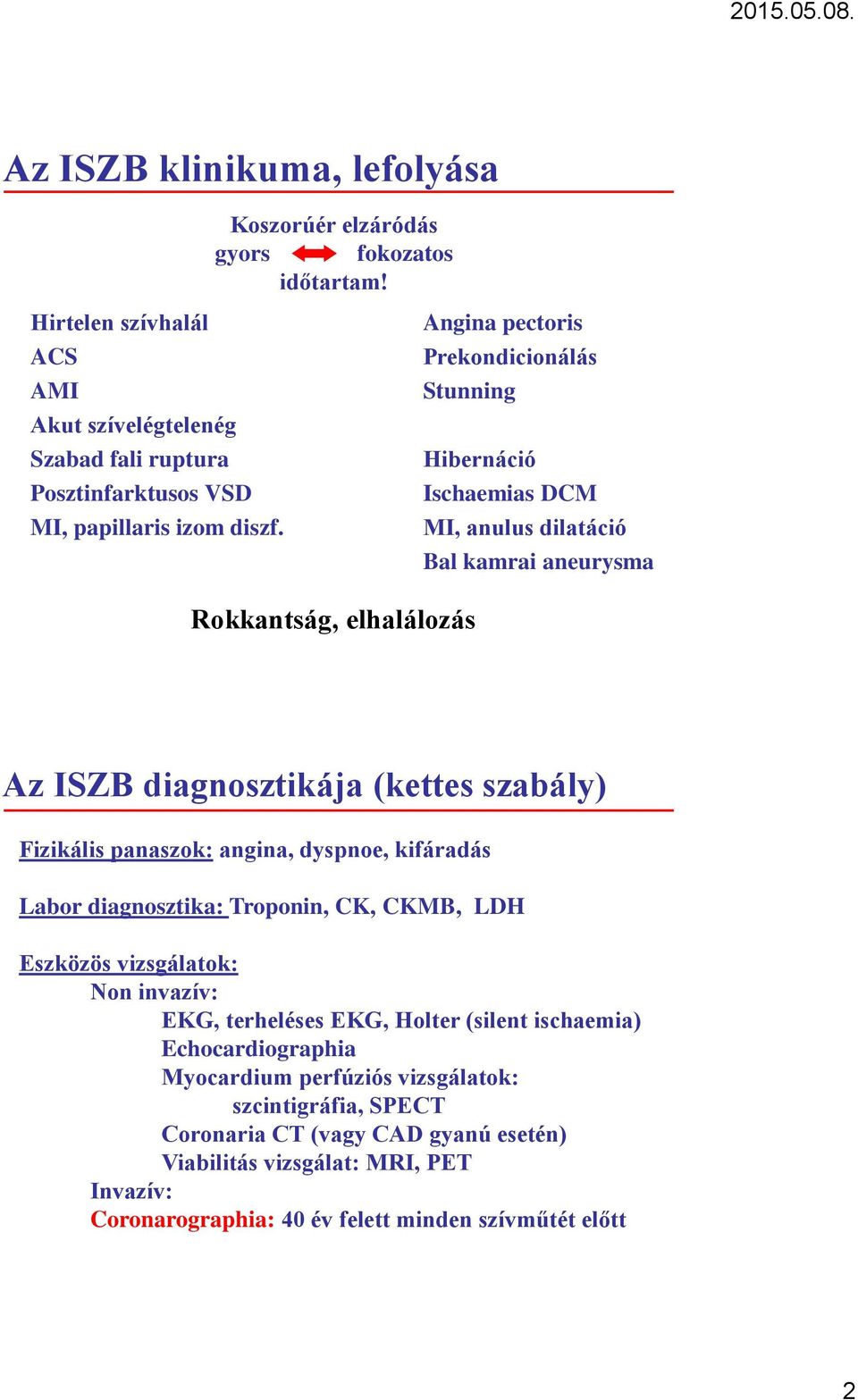 Rokkantság, elhalálozás Angina pectoris Prekondicionálás Stunning Hibernáció Ischaemias DCM MI, anulus dilatáció Bal kamrai aneurysma Az ISZB diagnosztikája (kettes szabály) Fizikális